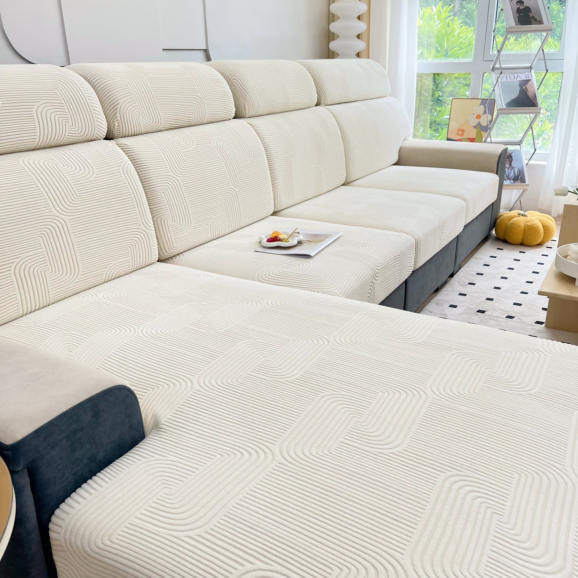 Stretch Couch Cushion Covers, Washable Chaise Lounge Sofa Slipcover, Elastic Furniture Protector for Pets, Kid on modern sofa
