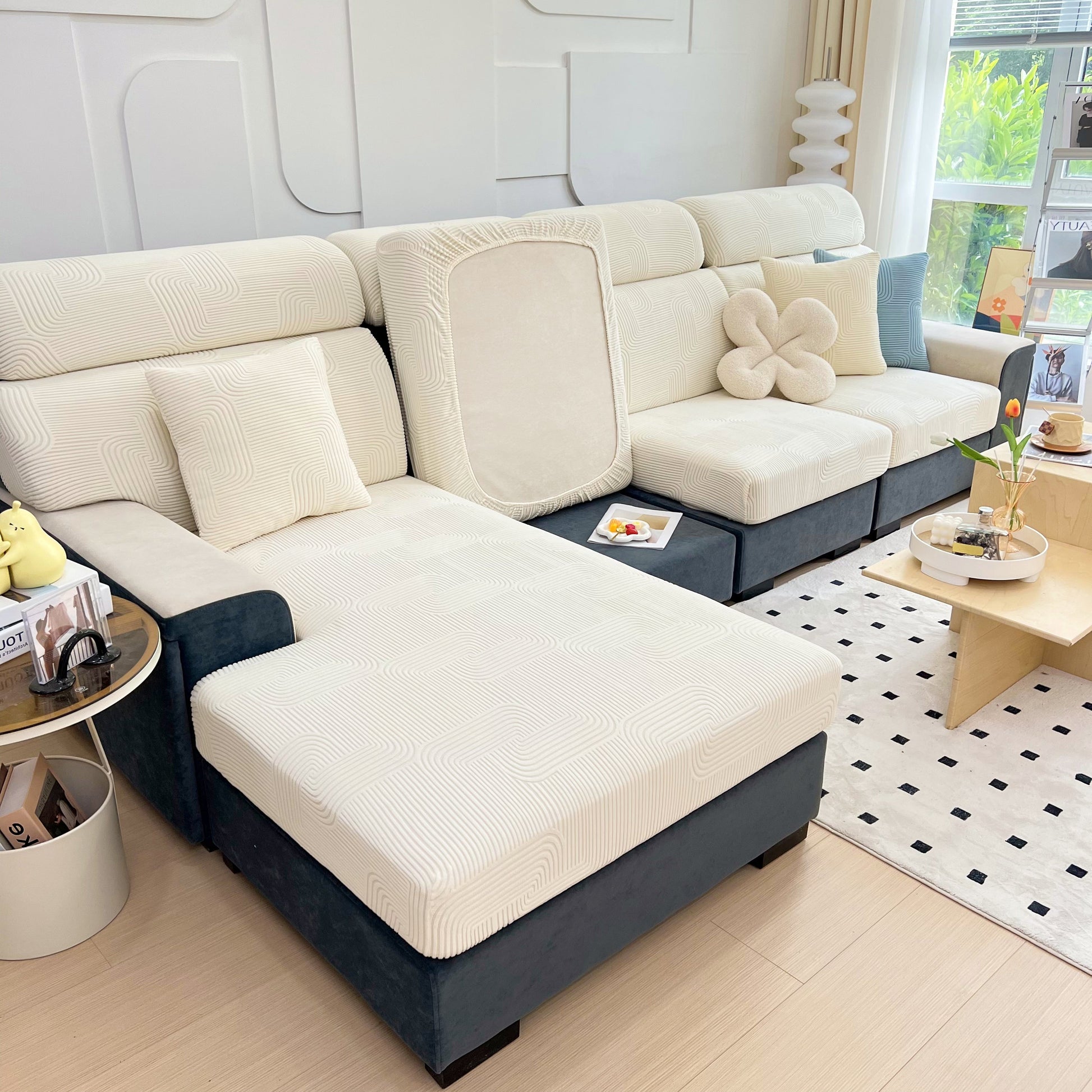 Stretch Couch Cushion Covers, Washable Chaise Lounge Sofa Slipcover, Elastic Furniture Protector for Pets, Kid on modern sofa