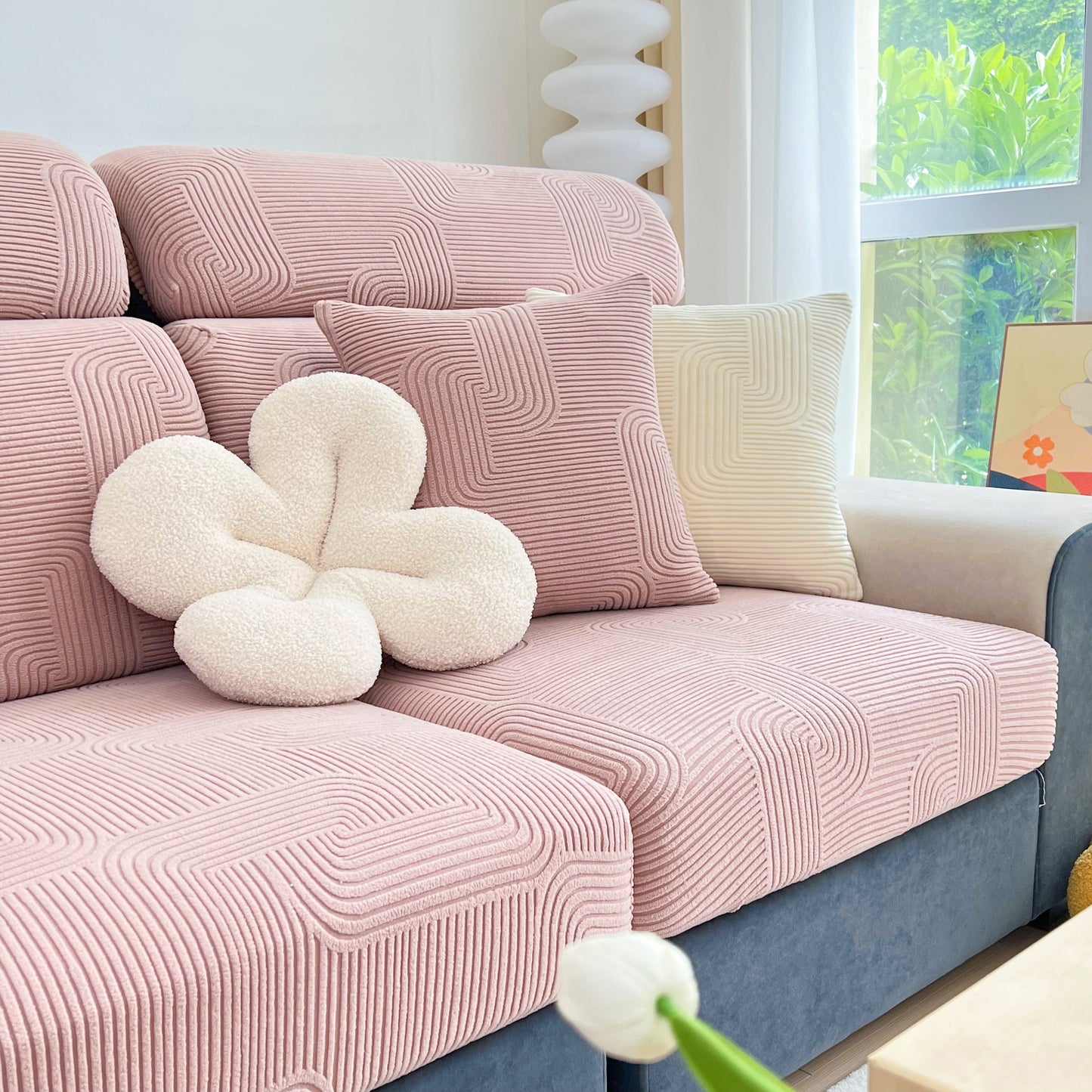 Stretch Couch Cushion Covers, Washable Chaise Lounge Sofa Slipcover, Elastic Furniture Protector for Pets, Kid shown in living room