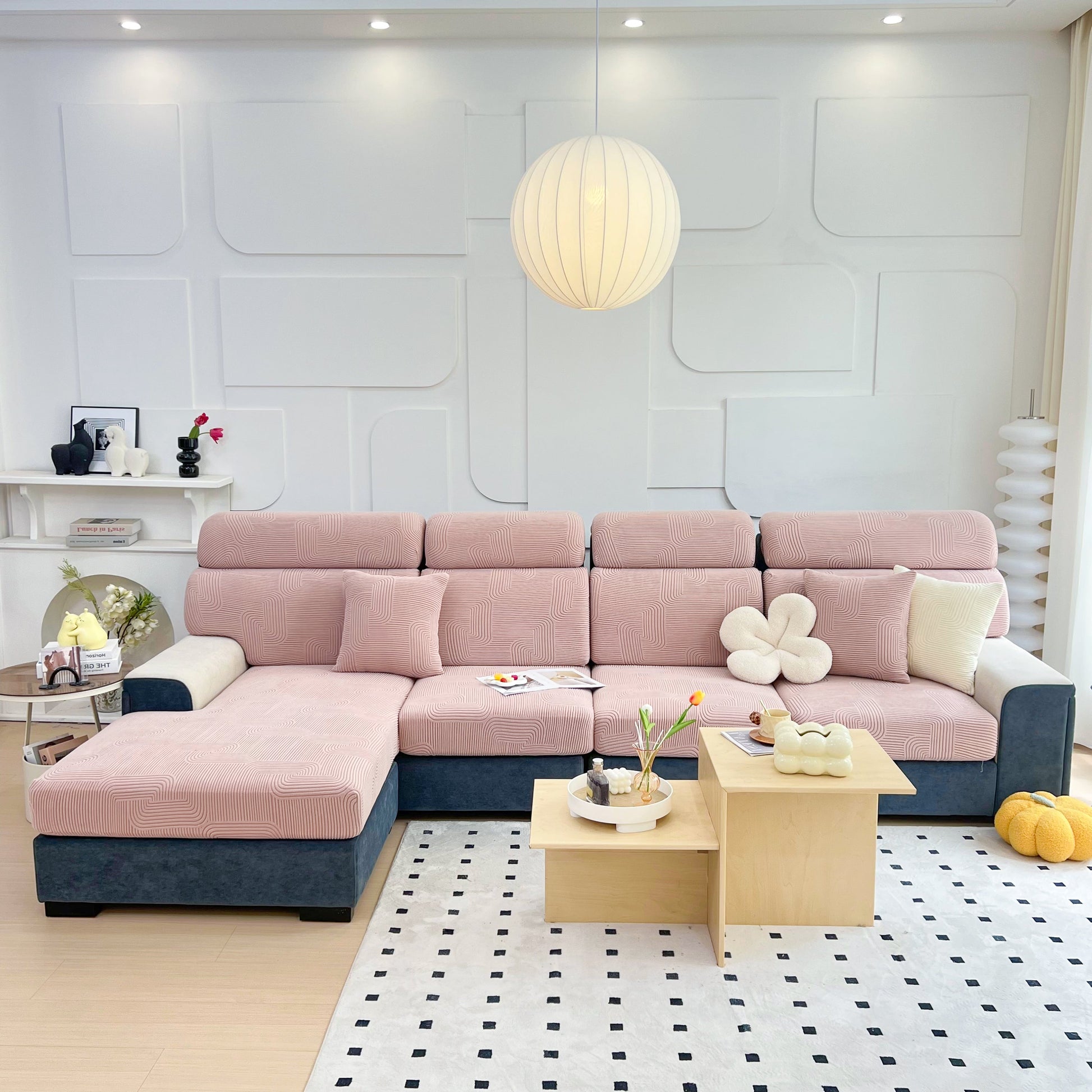 Modern living room with a sectional sofa featuring Stretch Couch Cushion Covers, Washable Chaise Lounge Sofa Slipcover, in a cozy setting.