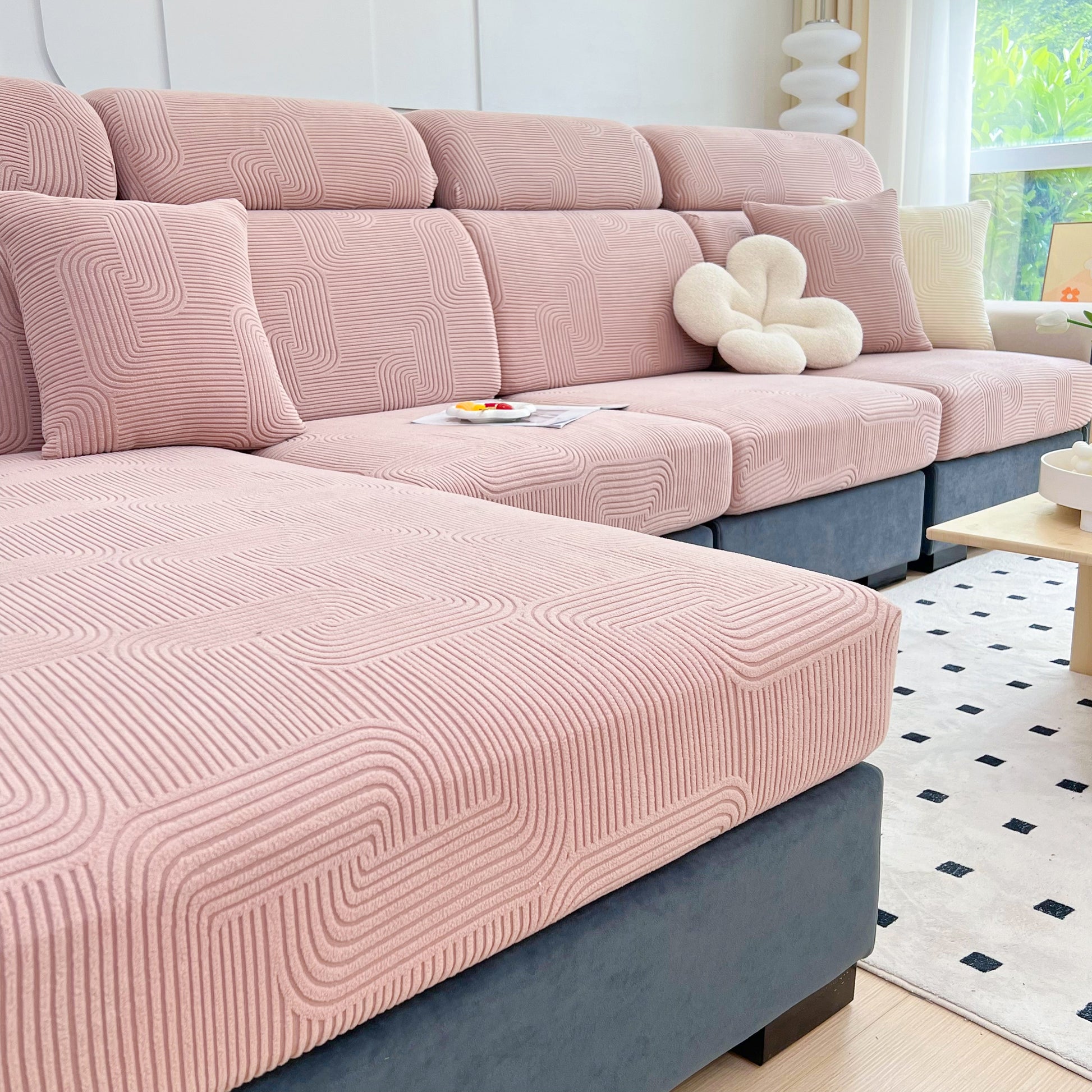 Stretch Couch Cushion Covers, Washable Chaise Lounge Sofa Slipcover, Elastic Furniture Protector for Pets, Kid displayed on a pink sofa