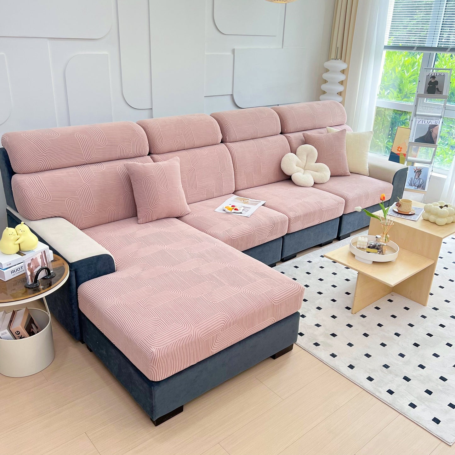 Stretch Couch Cushion Covers, Washable Chaise Lounge Sofa Slipcover, Elastic Furniture Protector for Pets, Kid on pink sectional sofa