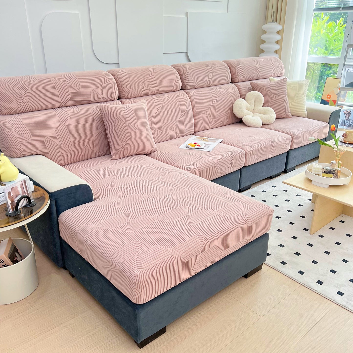 Stretch Couch Cushion Covers, Washable Chaise Lounge Sofa Slipcover, Elastic Furniture Protector for Pets, Kid on modern sofa