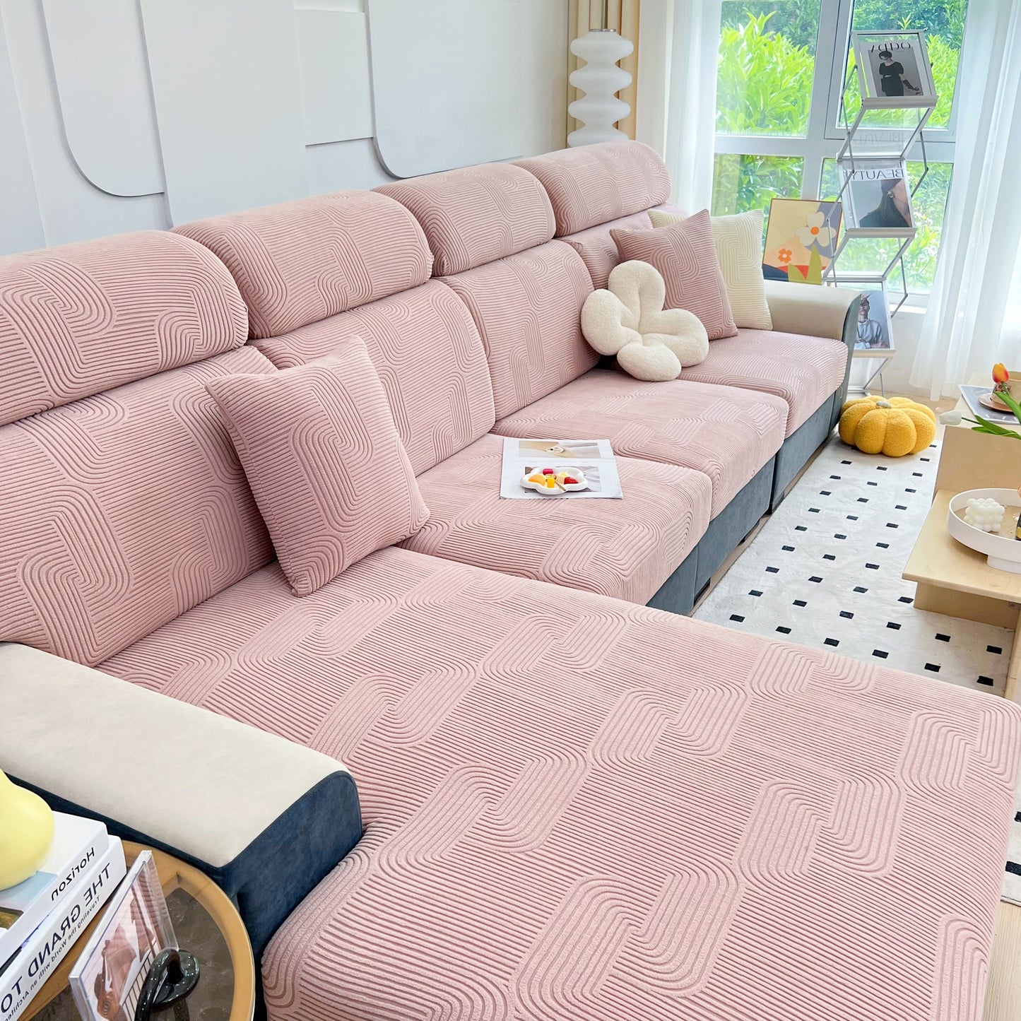 Stretch Couch Cushion Covers, Washable Chaise Lounge Sofa Slipcover, Elastic Furniture Protector for Pets, Kid in living room