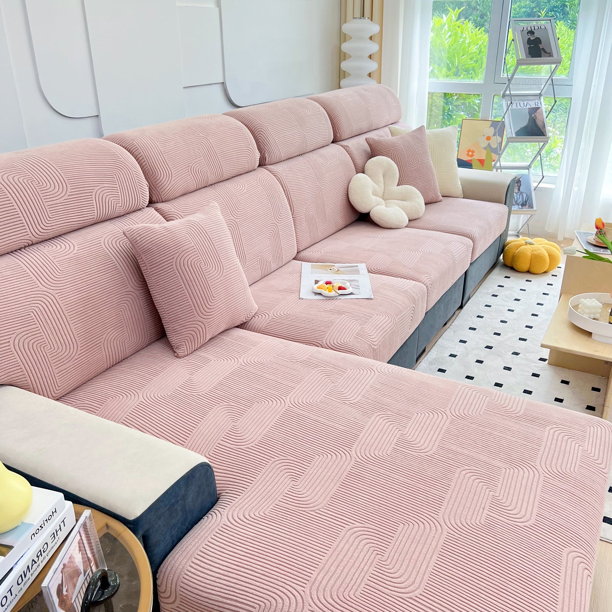 Stretch Couch Cushion Covers, Washable Chaise Lounge Sofa Slipcover, Elastic Furniture Protector for Pets, Kid in living room