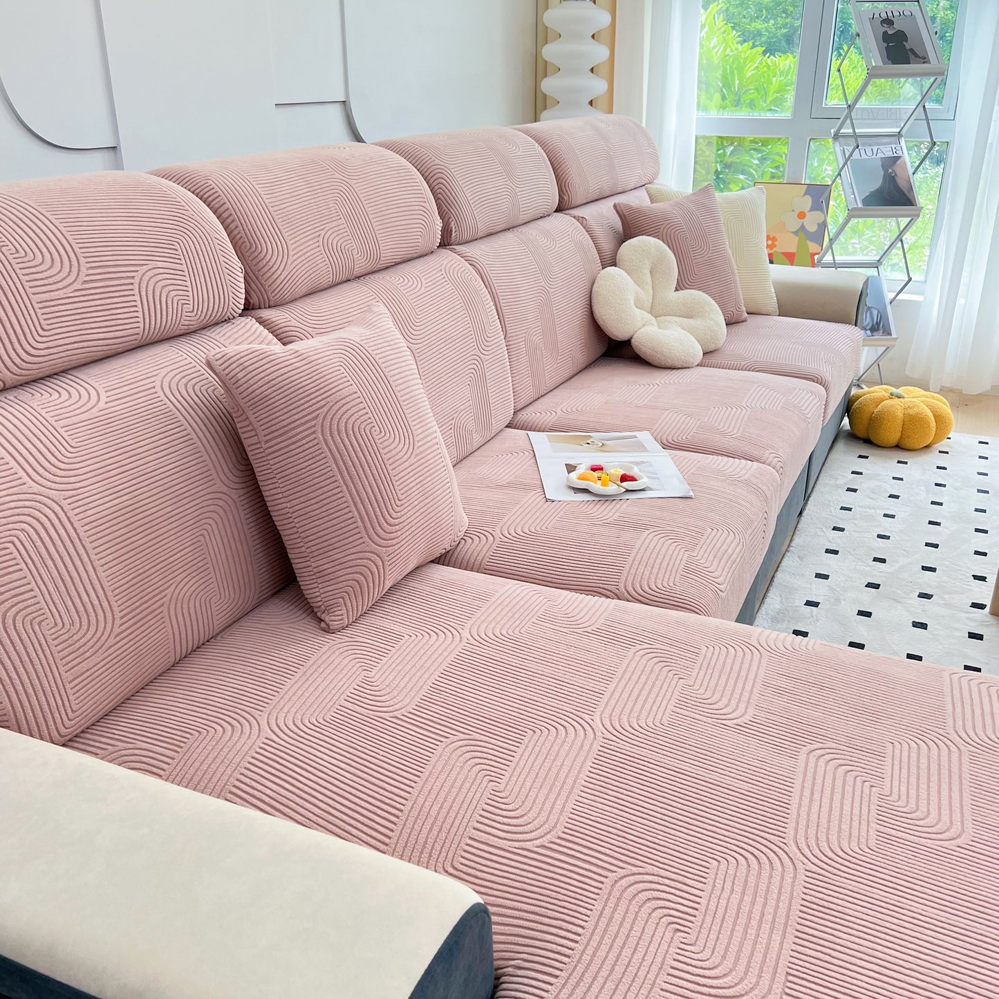 Stretch Couch Cushion Covers, Washable Chaise Lounge Sofa Slipcover, Elastic Furniture Protector for Pets, Kid in pink on sofa.