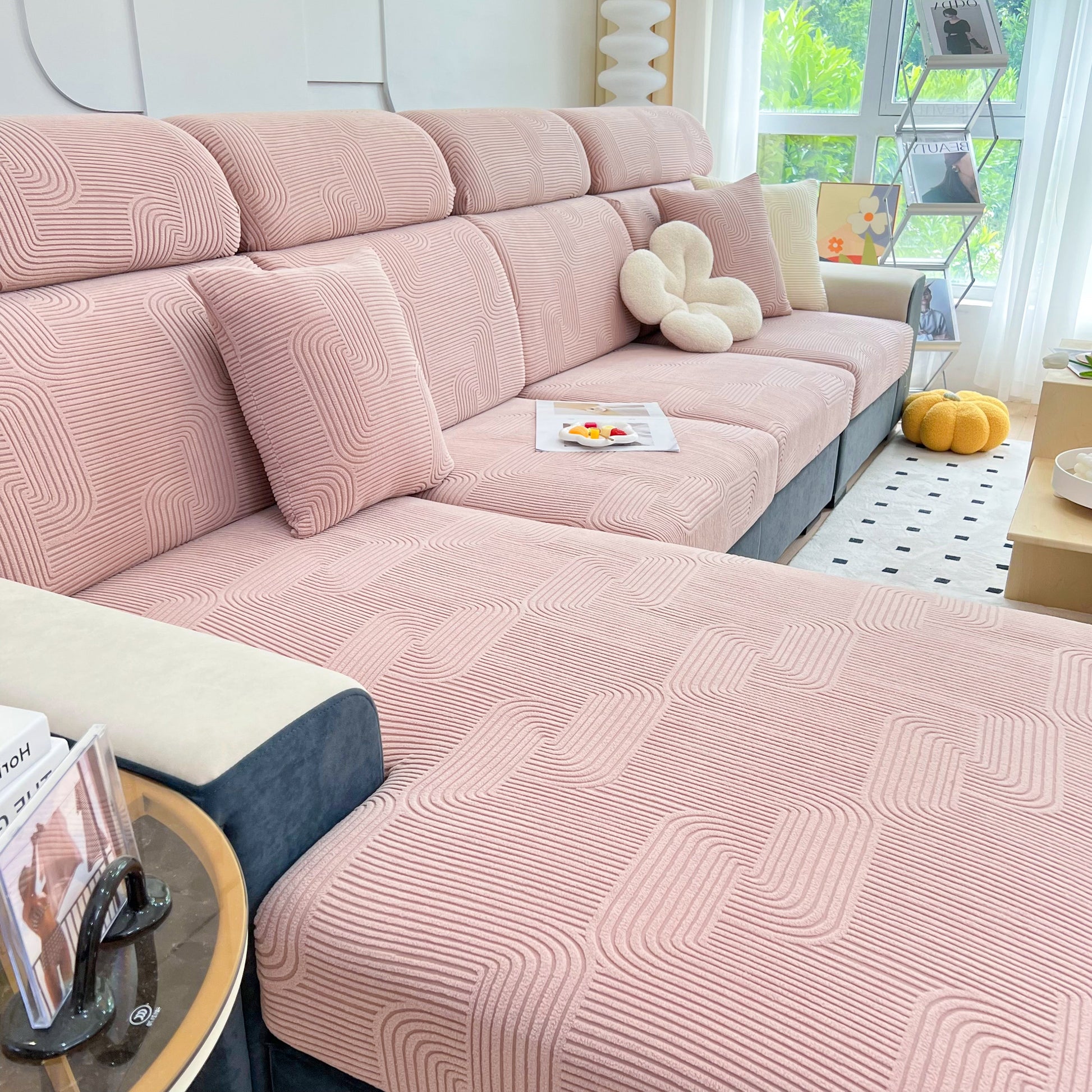 Stretch Couch Cushion Covers, Washable Chaise Lounge Sofa Slipcover, Elastic Furniture Protector for Pets, Kid, on modern pink sofa