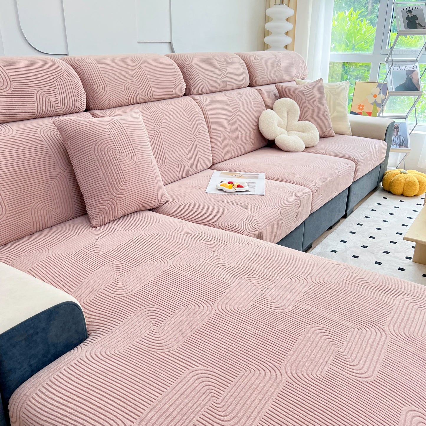 Stretch Couch Cushion Covers, Washable Chaise Lounge Sofa Slipcover, Elastic Furniture Protector for Pets, Kid on pink sofa