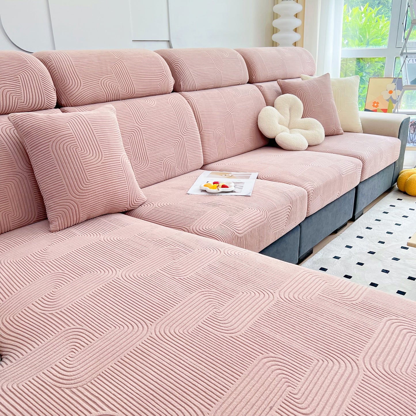 Stretch Couch Cushion Covers, Washable Chaise Lounge Sofa Slipcover, Elastic Furniture Protector for Pets, Kid in a living room setting