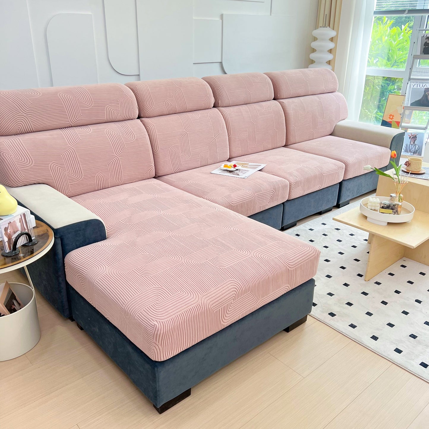 Stretch Couch Cushion Covers, Washable Chaise Lounge Sofa Slipcover, Elastic Furniture Protector for Pets, Kid on modern sofa