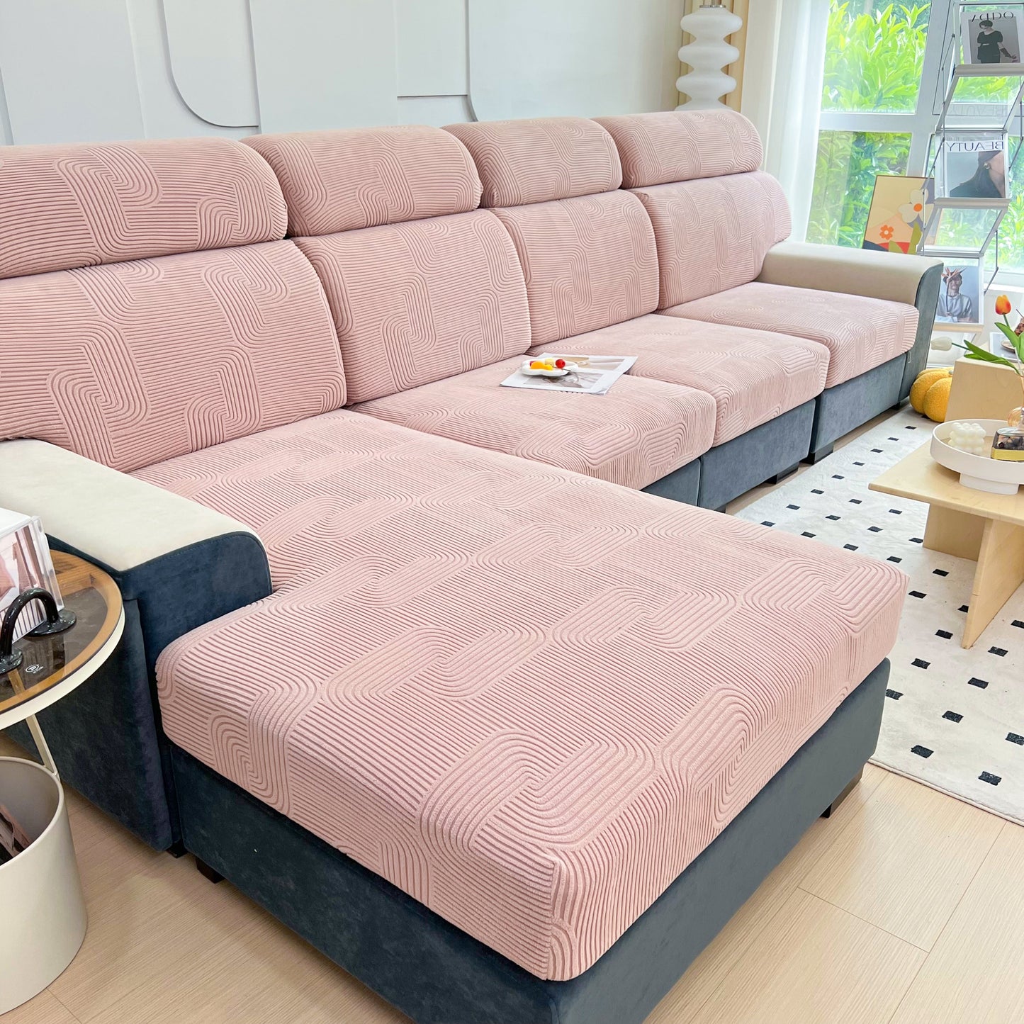 Stretch Couch Cushion Covers, Washable Chaise Lounge Sofa Slipcover, Elastic Furniture Protector for Pets, Kid on a modern sofa