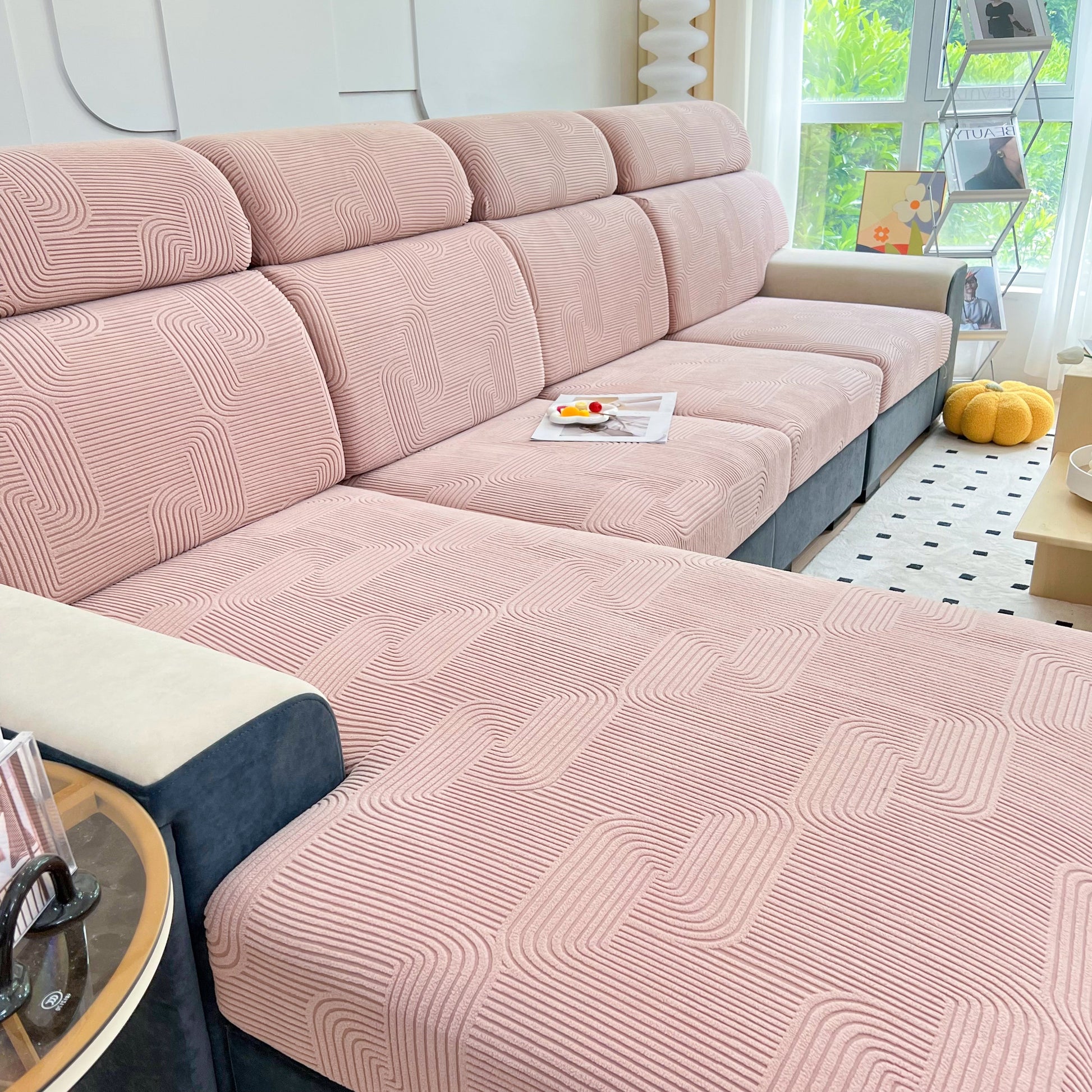 Stretch Couch Cushion Covers, Washable Chaise Lounge Sofa Slipcover, Elastic Furniture Protector for Pets, Kid on a pink sofa