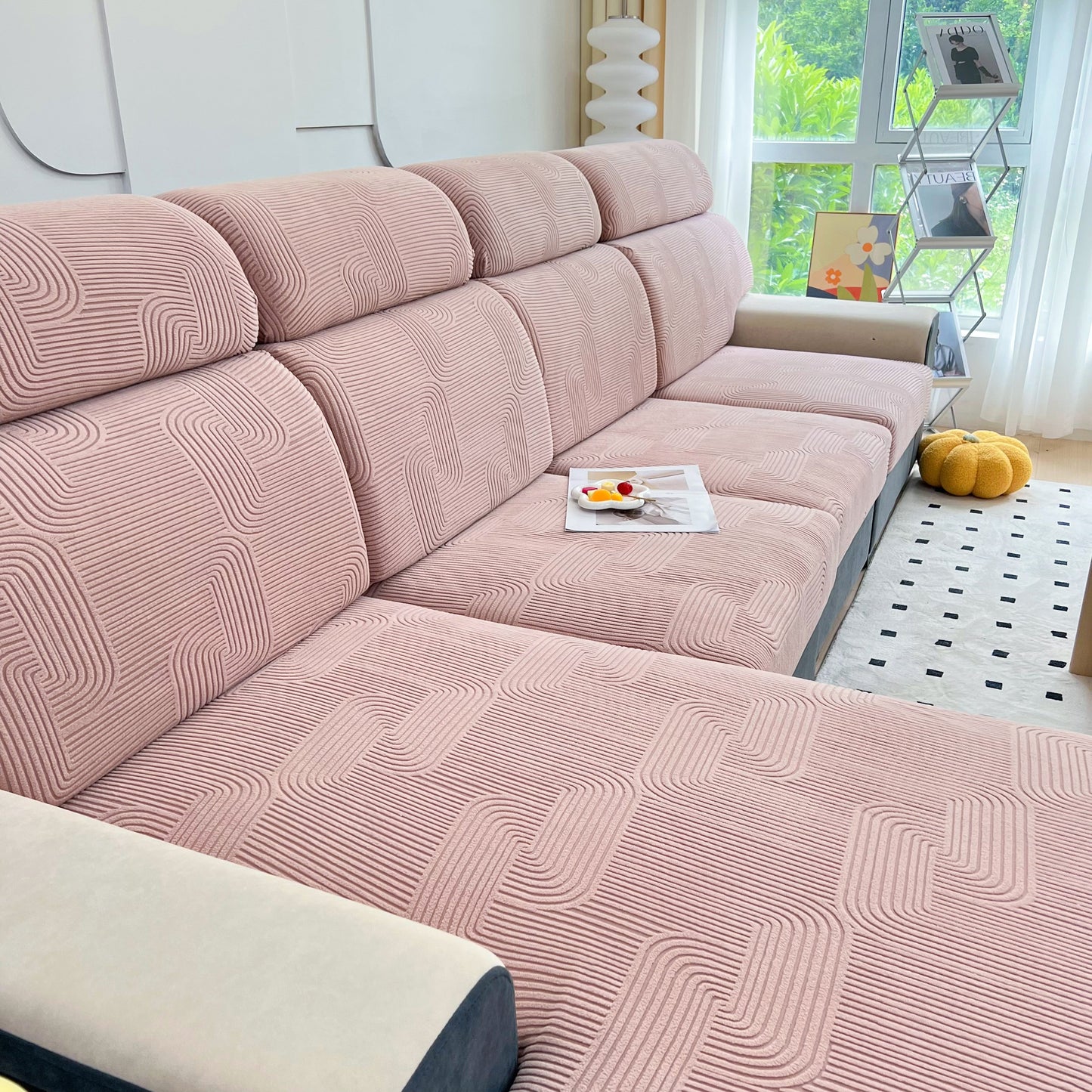 Stretch Couch Cushion Covers, Washable Chaise Lounge Sofa Slipcover, Elastic Furniture Protector for Pets, Kid displayed on a sofa