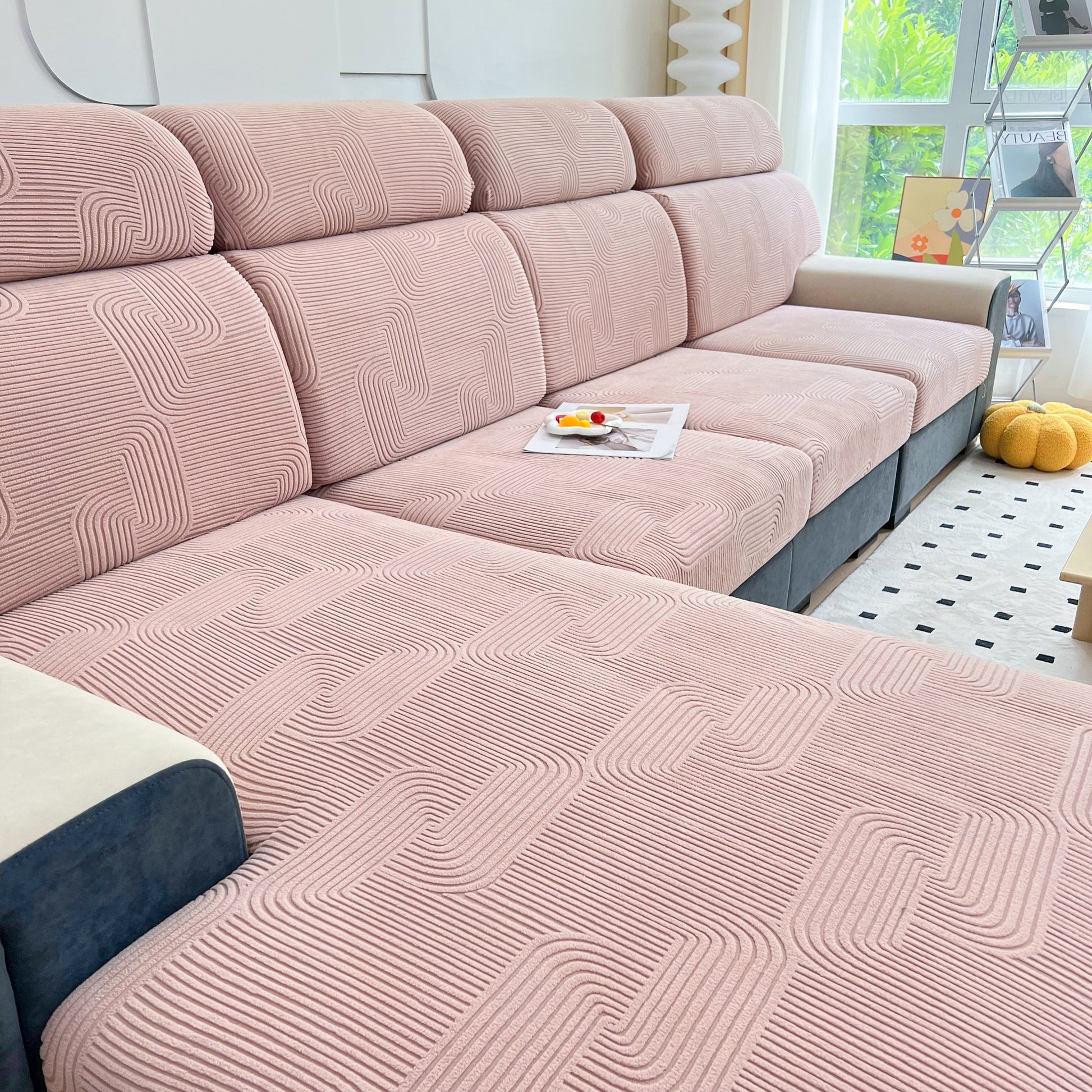 Stretch Couch Cushion Covers, Washable Chaise Lounge Sofa Slipcover, Elastic Furniture Protector for Pets, Kid on pink sectional sofa