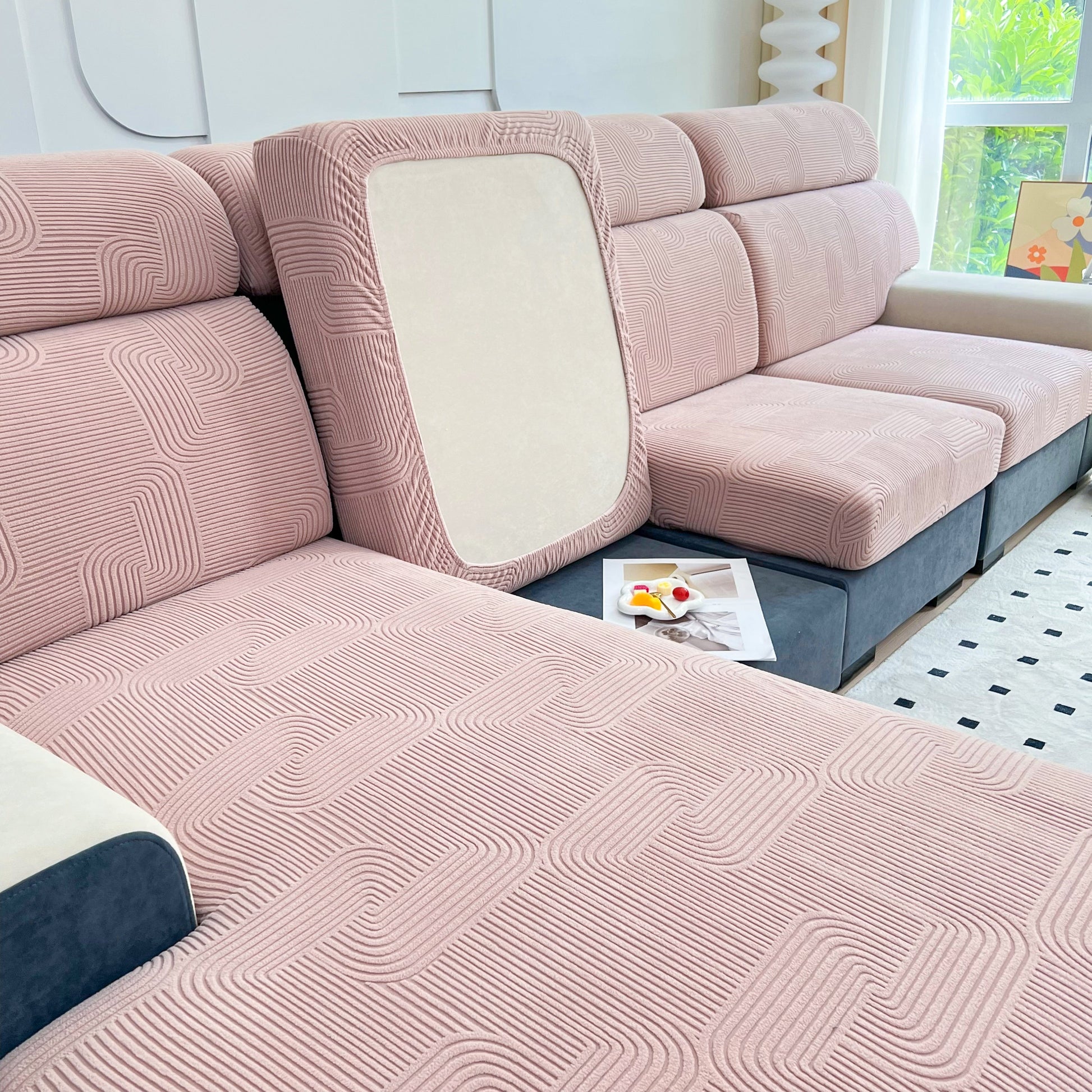 Stretch Couch Cushion Covers, Washable Chaise Lounge Sofa Slipcover, Elastic Furniture Protector for Pets, Kid on modern sofa