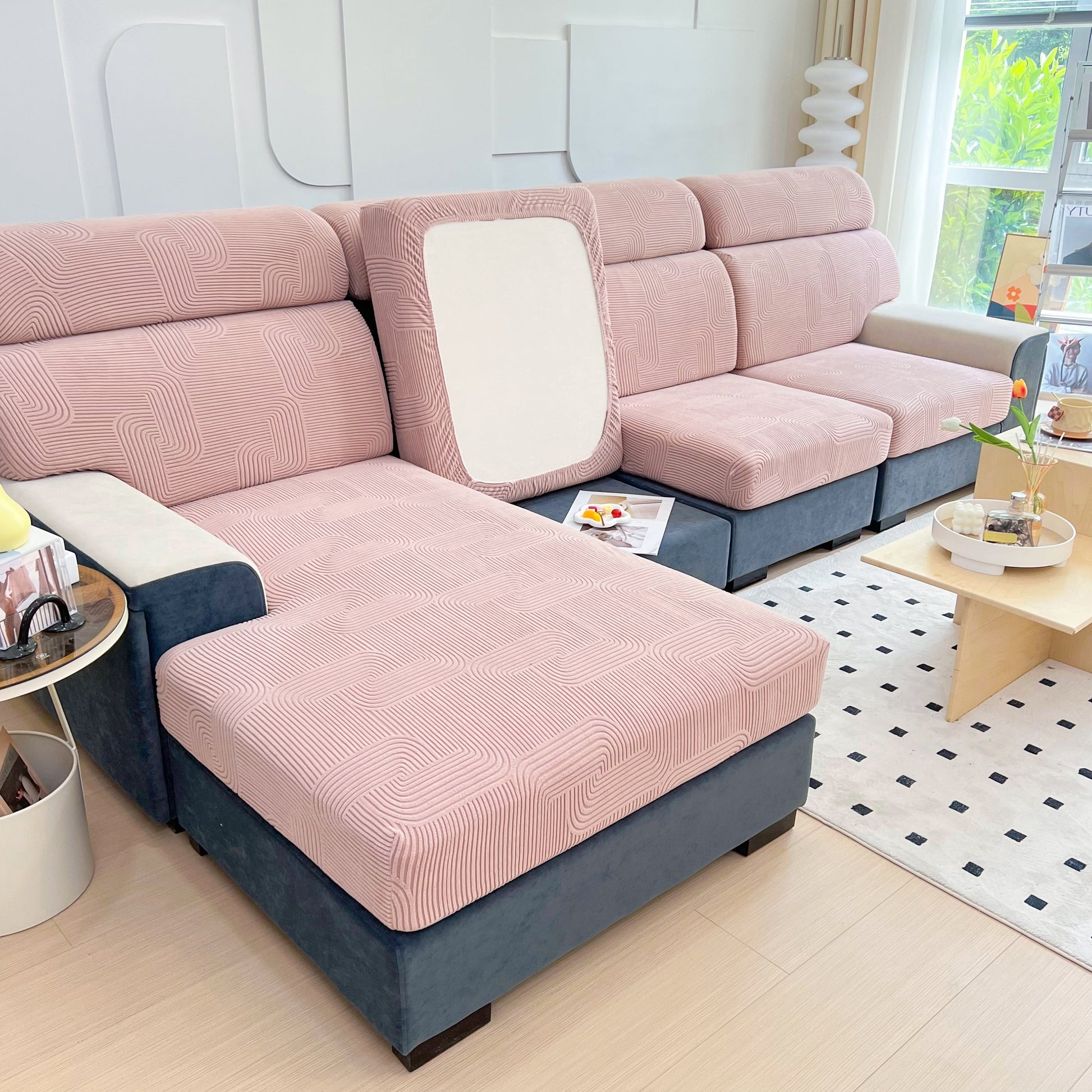 Stretch Couch Cushion Covers, Washable Chaise Lounge Sofa Slipcover, Elastic Furniture Protector for Pets, Kid on modern sofa