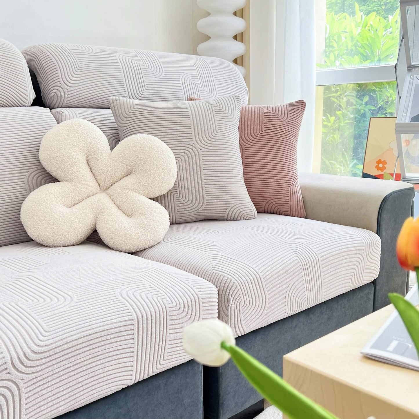 Modern living room with Stretch Couch Cushion Covers, Washable Chaise Lounge Sofa Slipcover, Elastic Furniture Protector for Pets, Kid.