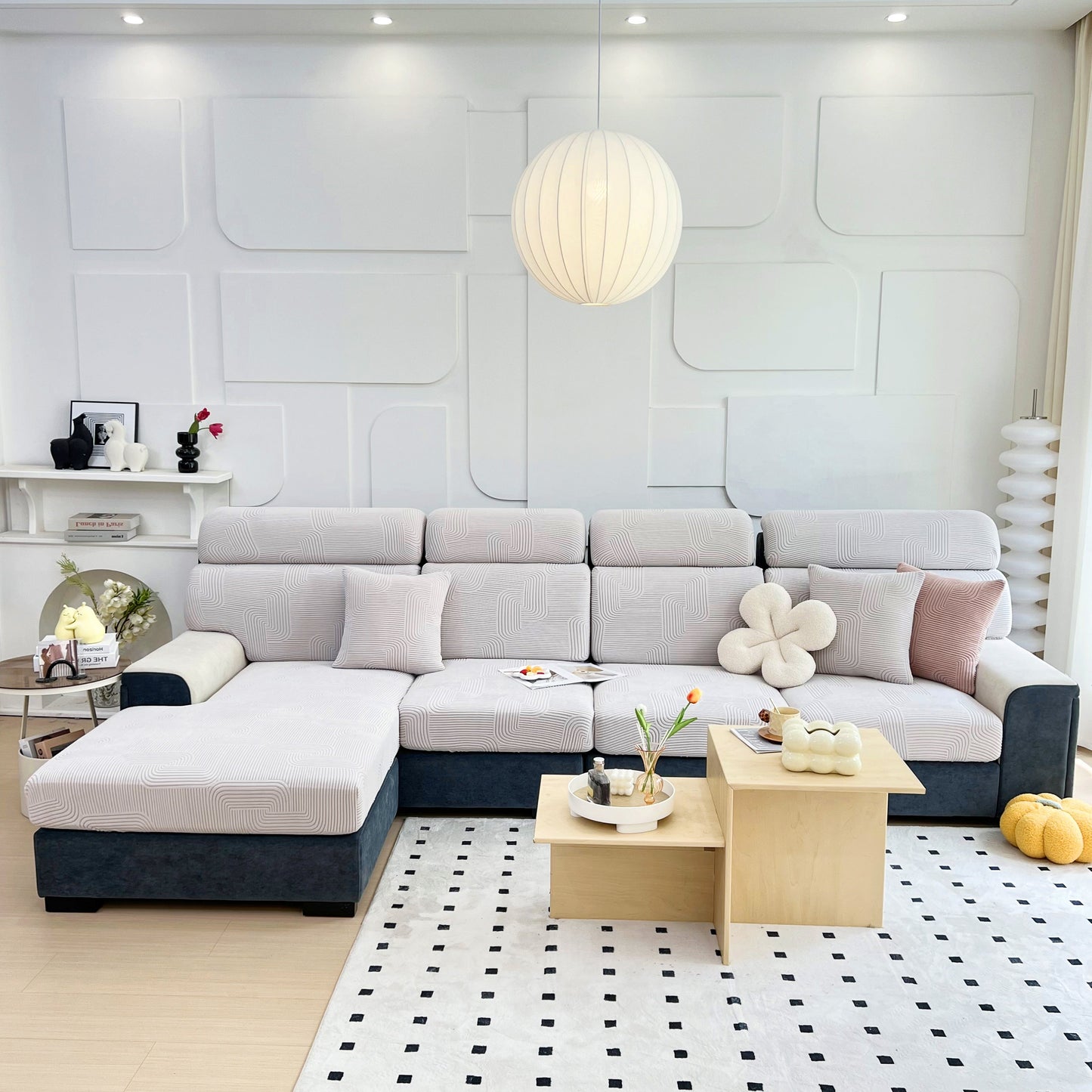 Modern living room with Stretch Couch Cushion Covers, Washable Chaise Lounge Sofa Slipcover, Elastic Furniture Protector for Pets, Kid.