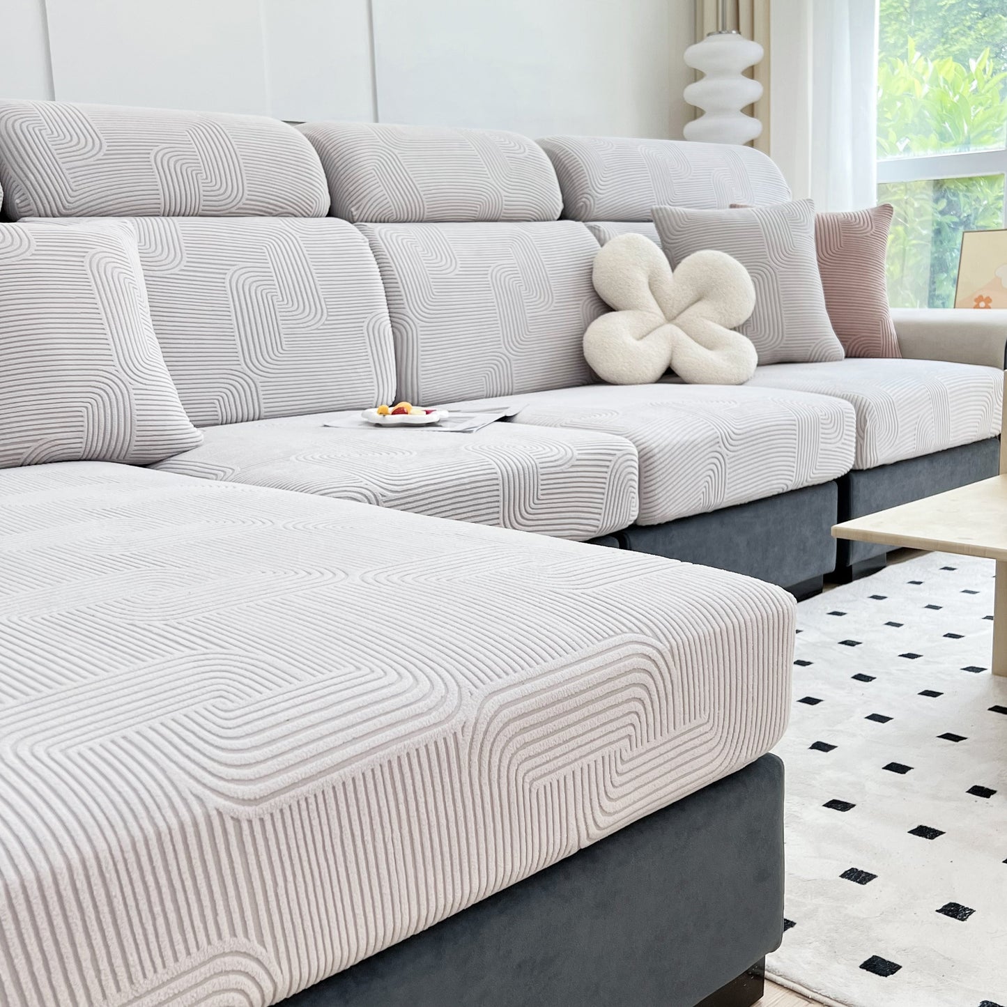 Stretch Couch Cushion Covers, Washable Chaise Lounge Sofa Slipcover, Elastic Furniture Protector for Pets, Kid in modern living room