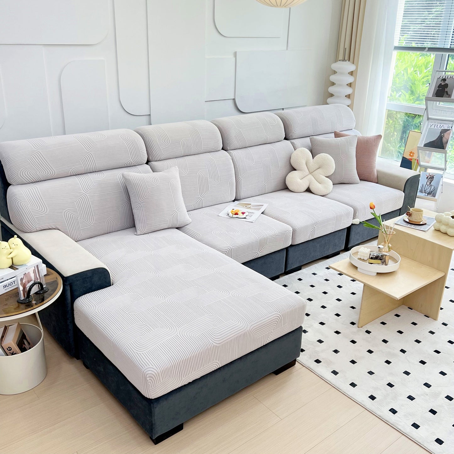 Stretch Couch Cushion Covers, Washable Chaise Lounge Sofa Slipcover, Elastic Furniture Protector for Pets, Kid on a chic sofa