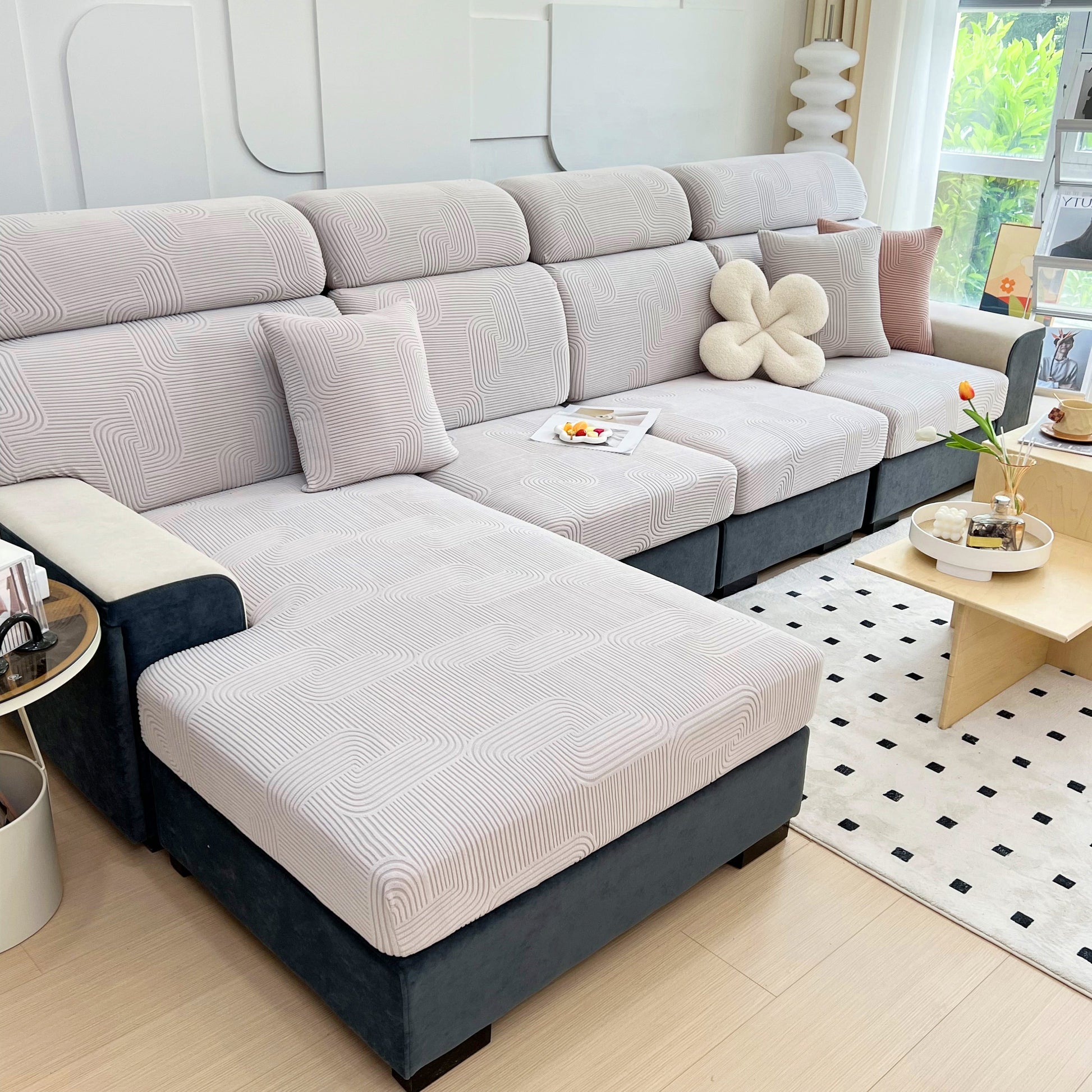 Stretch Couch Cushion Covers, Washable Chaise Lounge Sofa Slipcover, Elastic Furniture Protector for Pets, Kid on modern sofa