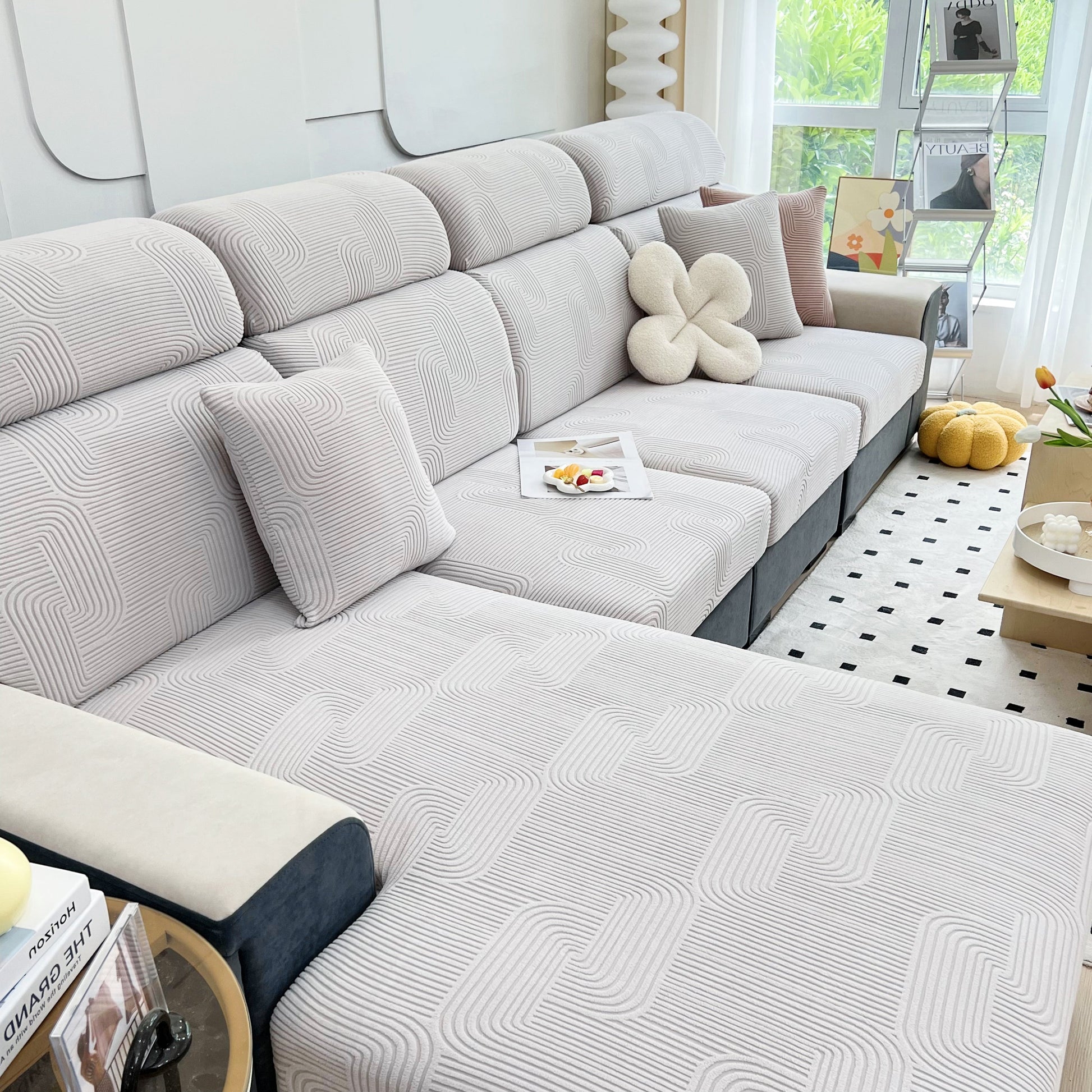 Stretch Couch Cushion Covers, Washable Chaise Lounge Sofa Slipcover, Elastic Furniture Protector for Pets, Kid in modern living room.