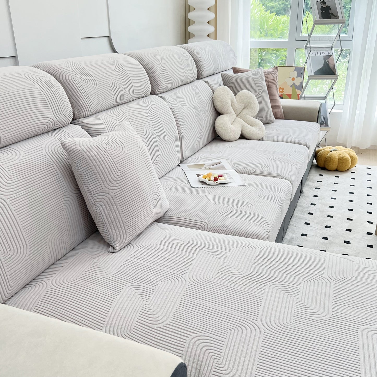 Living room with Stretch Couch Cushion Covers, Washable Chaise Lounge Sofa Slipcover, Elastic Furniture Protector for Pets, Kid.