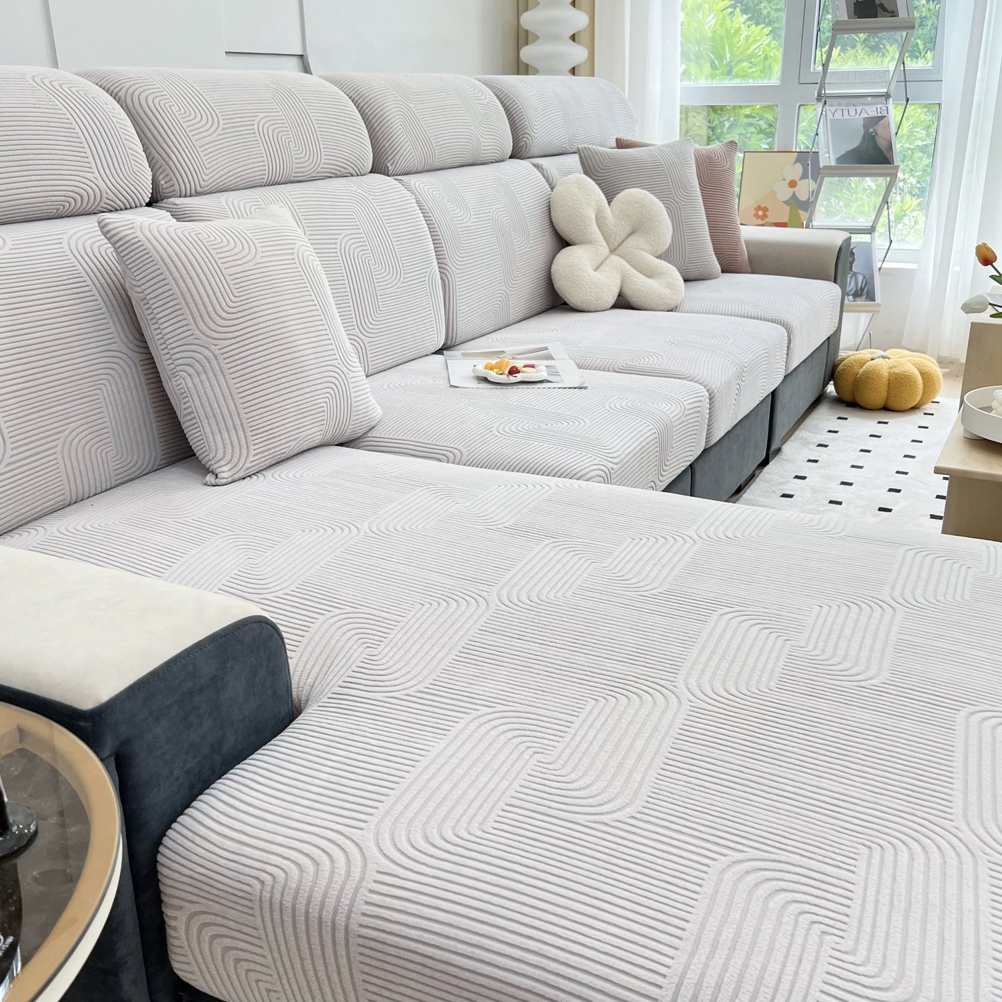 Stretch Couch Cushion Covers, Washable Chaise Lounge Sofa Slipcover, Elastic Furniture Protector for Pets, Kid on modern sofa