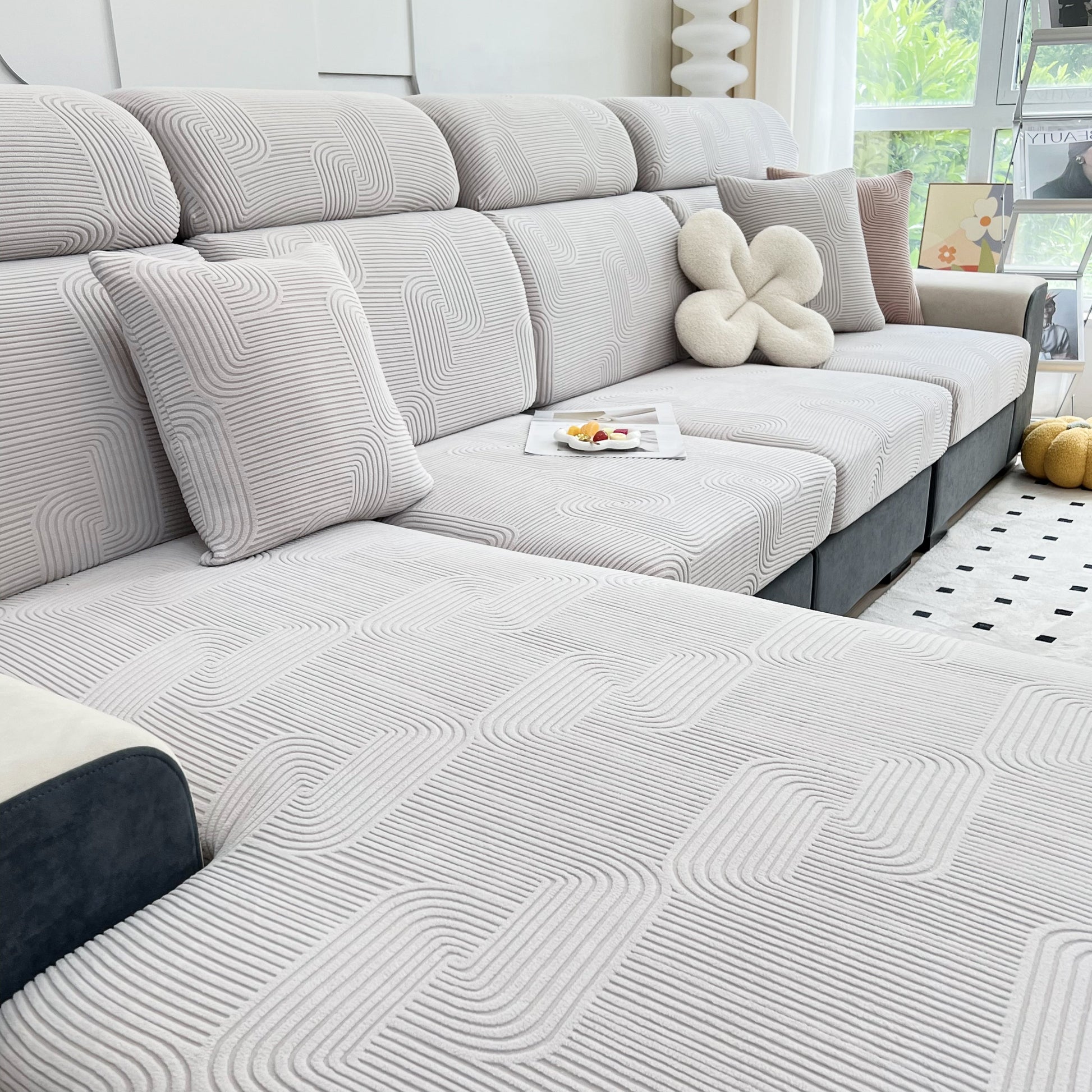 Stretch Couch Cushion Covers, Washable Chaise Lounge Sofa Slipcover, Elastic Furniture Protector for Pets, Kid on a modern sofa