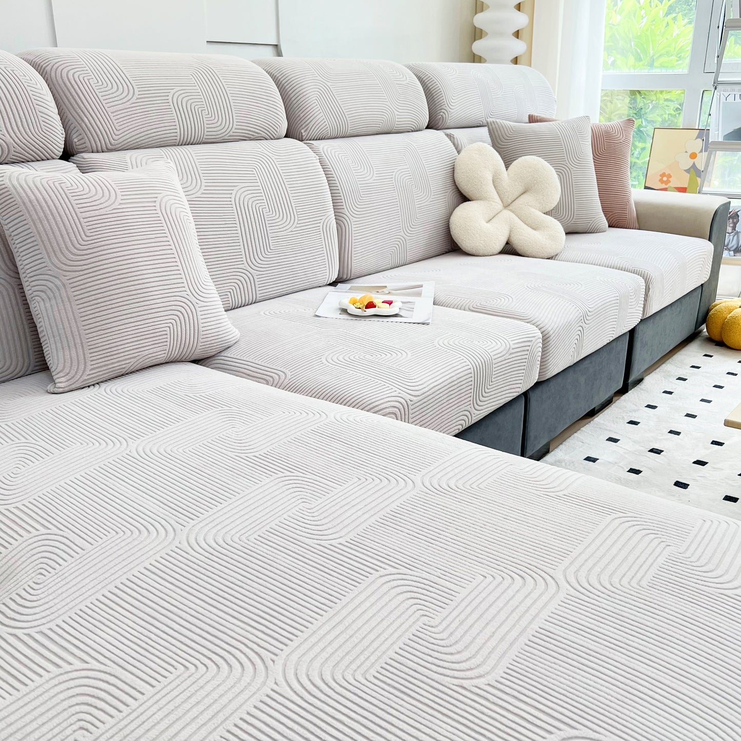 Stretch Couch Cushion Covers, Washable Chaise Lounge Sofa Slipcover, Elastic Furniture Protector for Pets, Kid on modern sofa