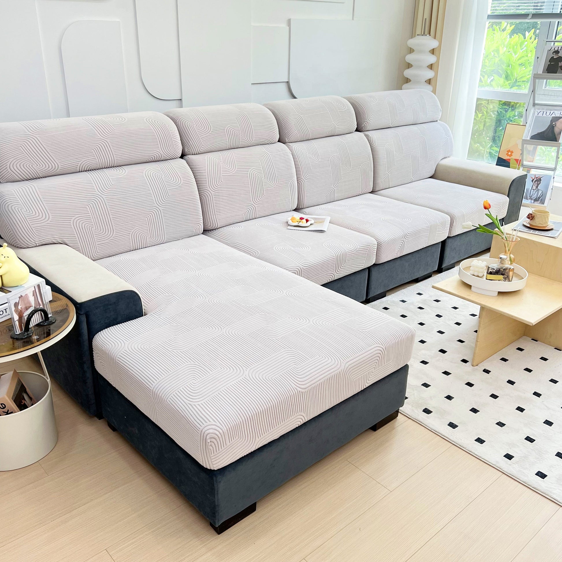 Stretch Couch Cushion Covers, Washable Chaise Lounge Sofa Slipcover, Elastic Furniture Protector for Pets, Kid on modern sofa