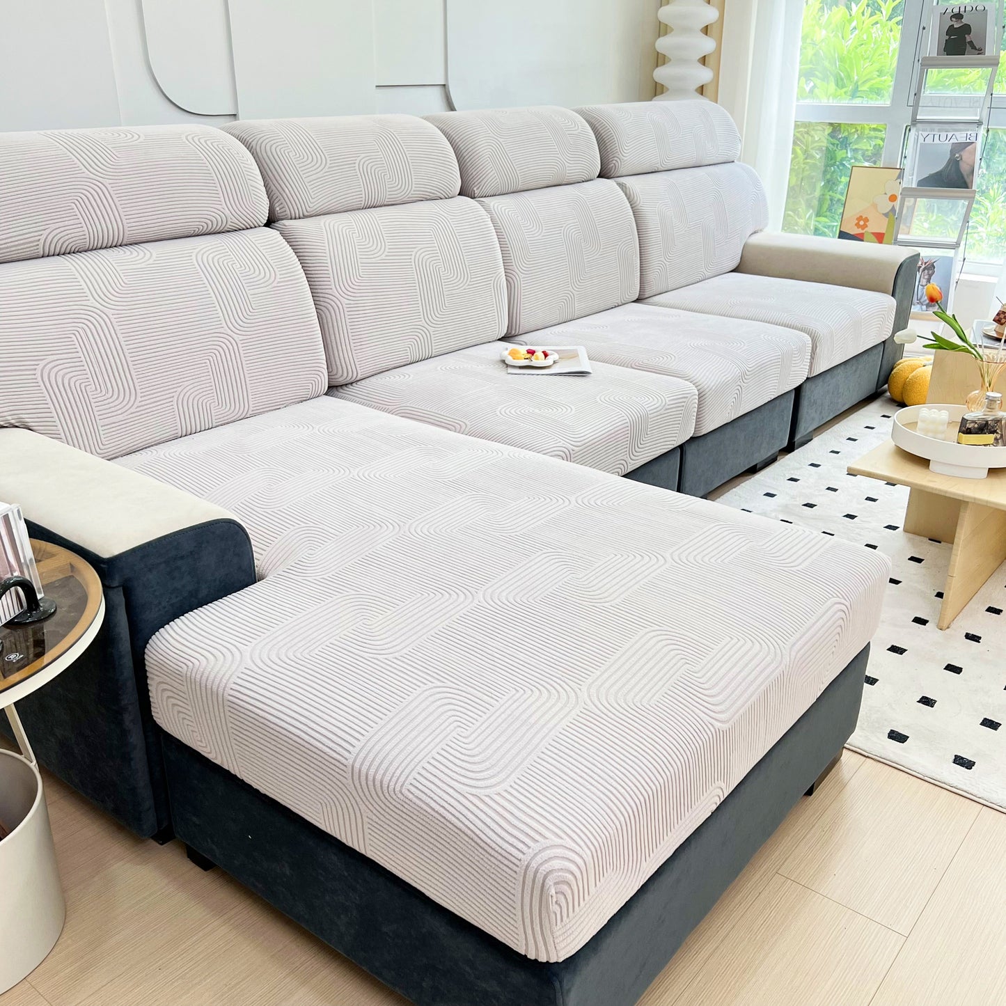 Stretch Couch Cushion Covers, Washable Chaise Lounge Sofa Slipcover, Elastic Furniture Protector for Pets, Kid on modern sofa