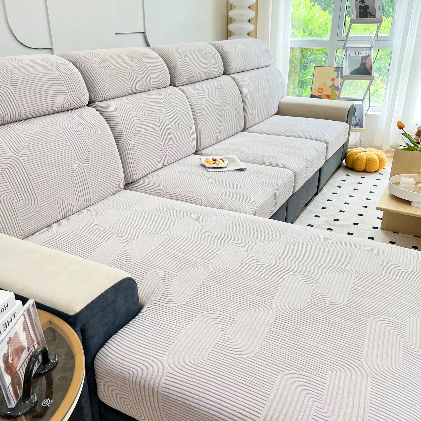 Modern living room with Stretch Couch Cushion Covers, Washable Chaise Lounge Sofa Slipcover, Elastic Furniture Protector for Pets, Kid