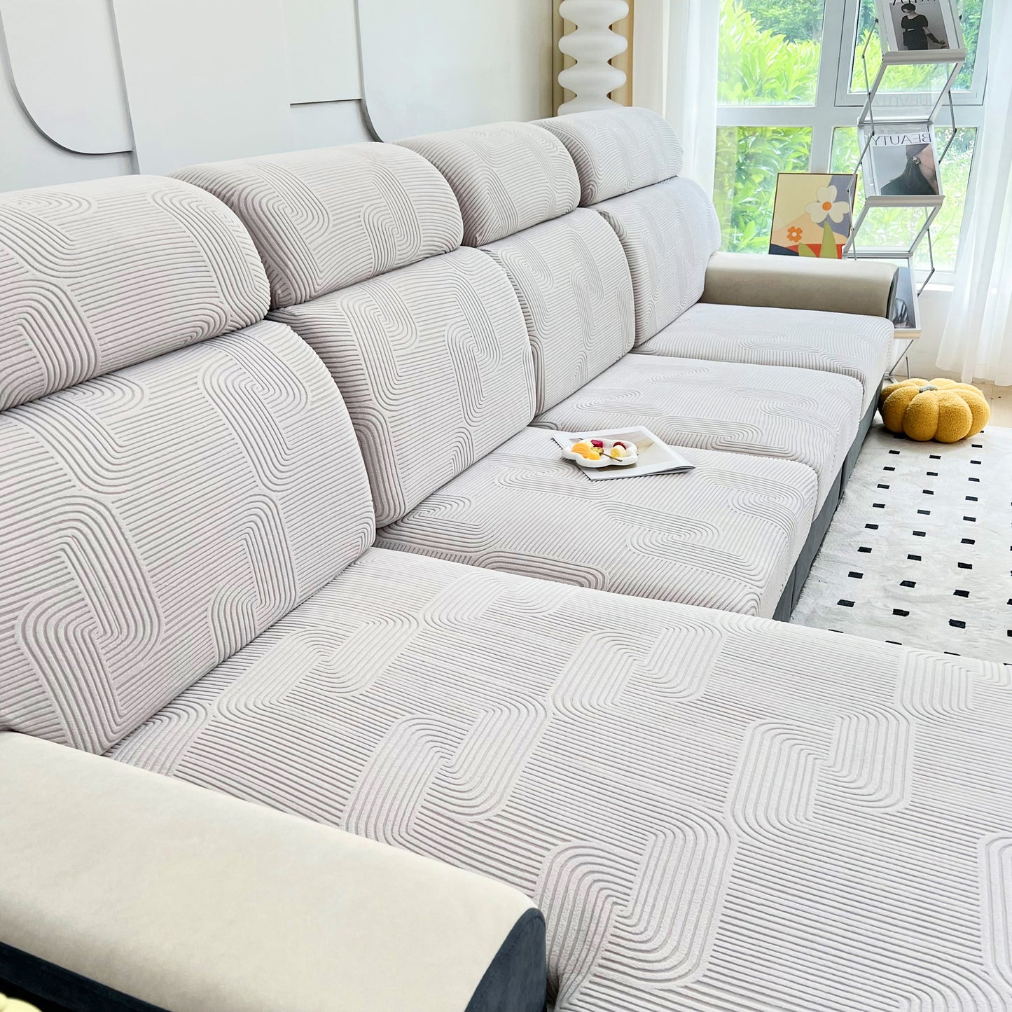 Stretch Couch Cushion Covers, Washable Chaise Lounge Sofa Slipcover on modern sofa in bright living room