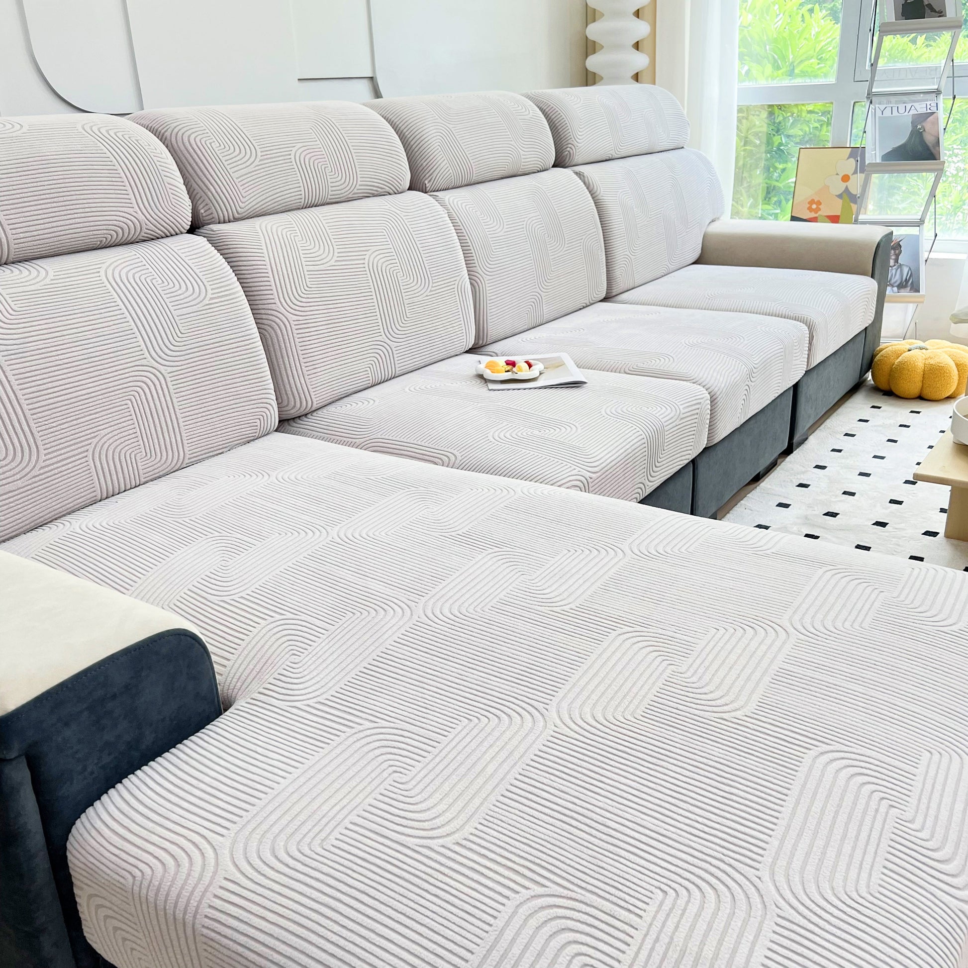 Modern living room with Stretch Couch Cushion Covers, Washable Chaise Lounge Sofa Slipcover, Elastic Furniture Protector for Pets, Kid