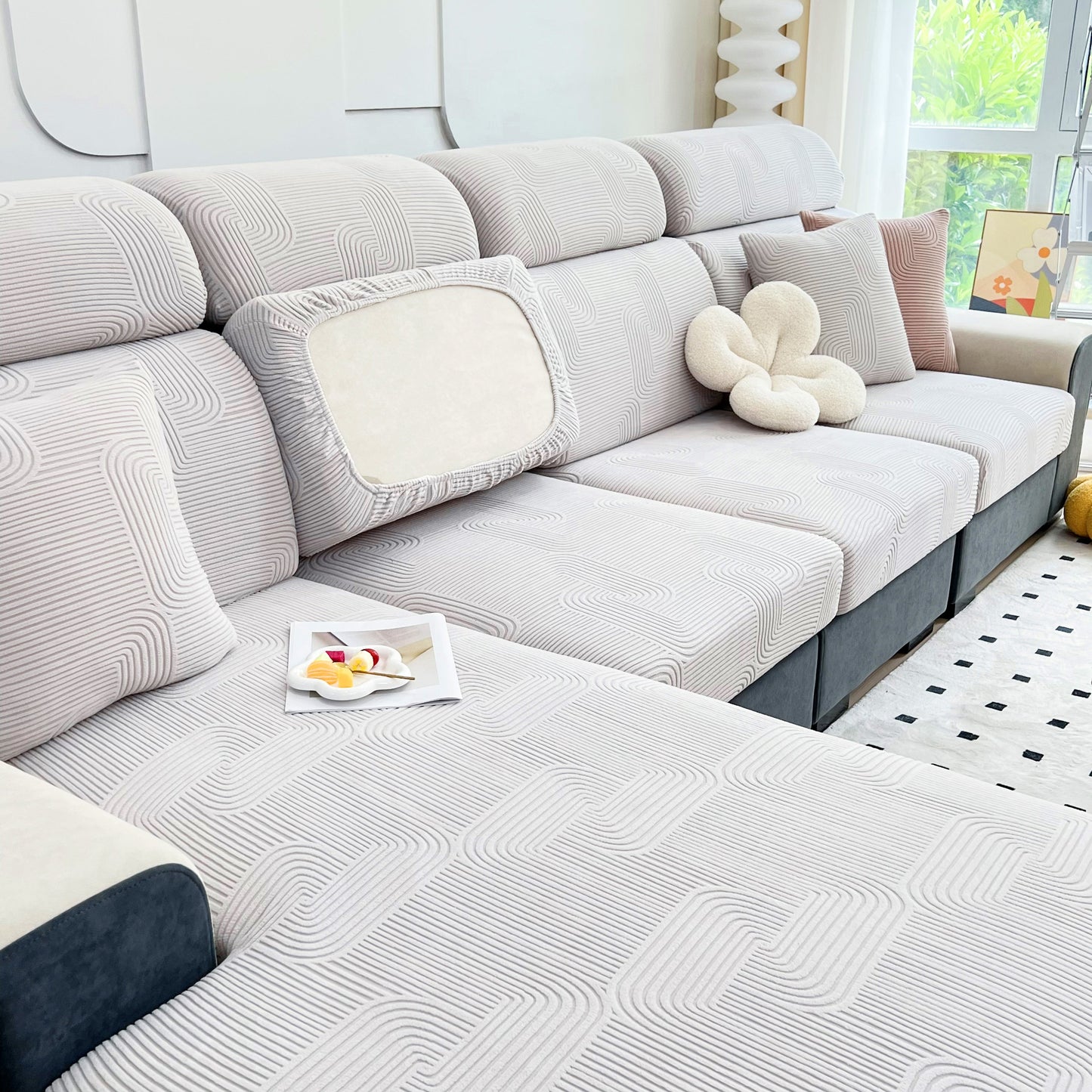 Stylish Stretch Couch Cushion Covers, Washable Chaise Lounge Sofa Slipcover, Elastic Furniture Protector for Pets, Kid-friendly design.