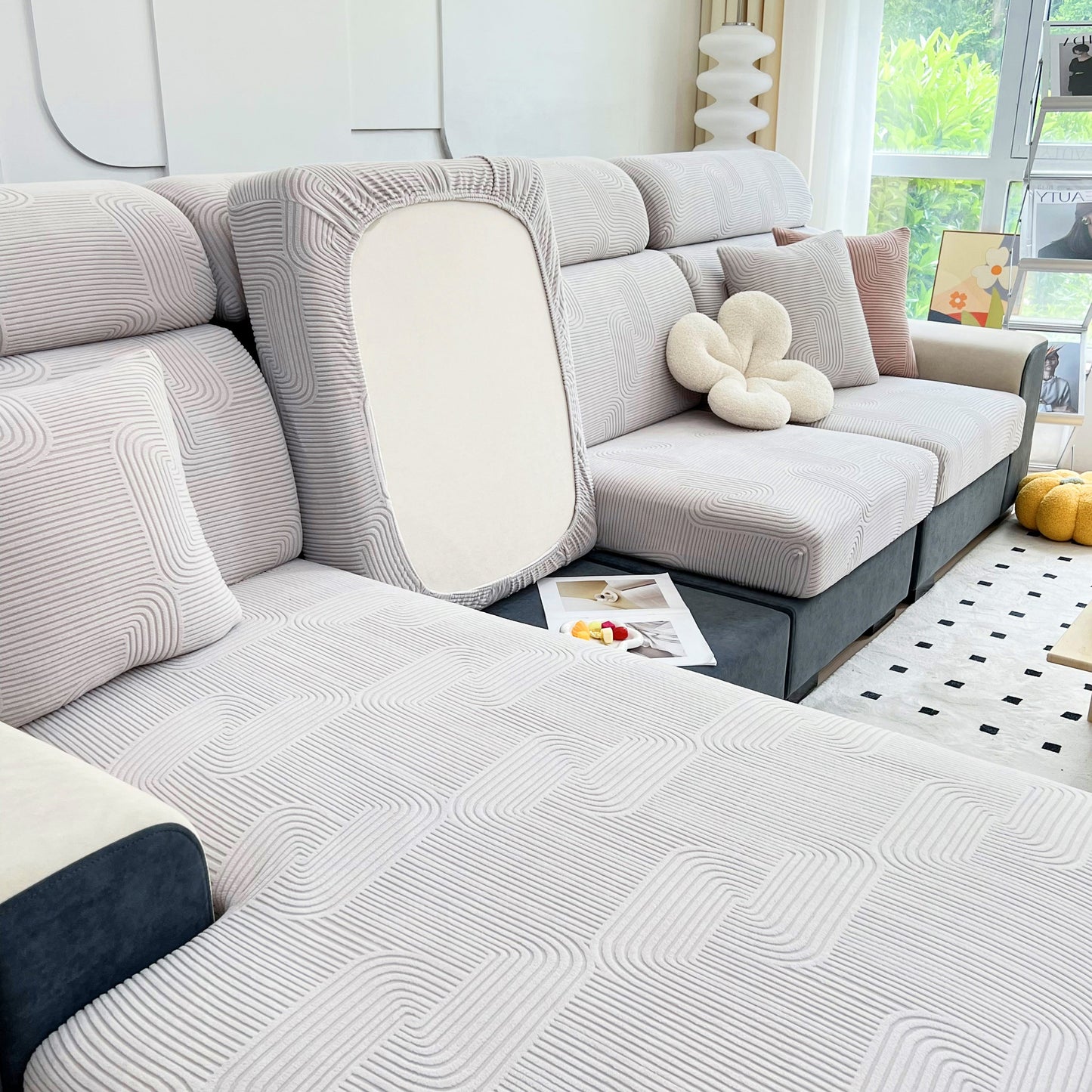 Stretch Couch Cushion Covers, Washable Chaise Lounge Sofa Slipcover, Elastic Furniture Protector for Pets, Kid on modern sofa.