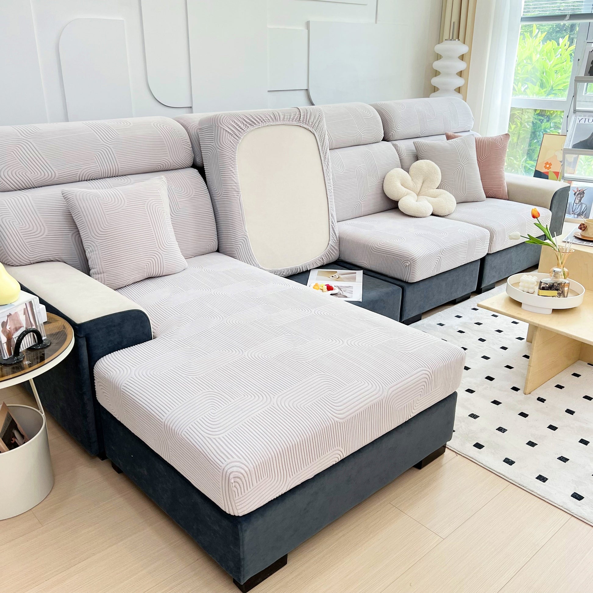Stretch Couch Cushion Covers, Washable Chaise Lounge Sofa Slipcover, Elastic Furniture Protector for Pets, Kid in modern living room