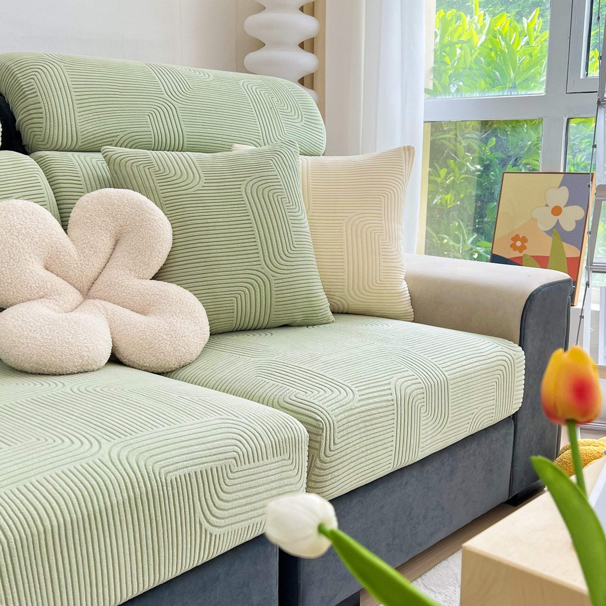 Stretch Couch Cushion Covers, Washable Chaise Lounge Sofa Slipcover, Elastic Furniture Protector for Pets, Kid on green sofa