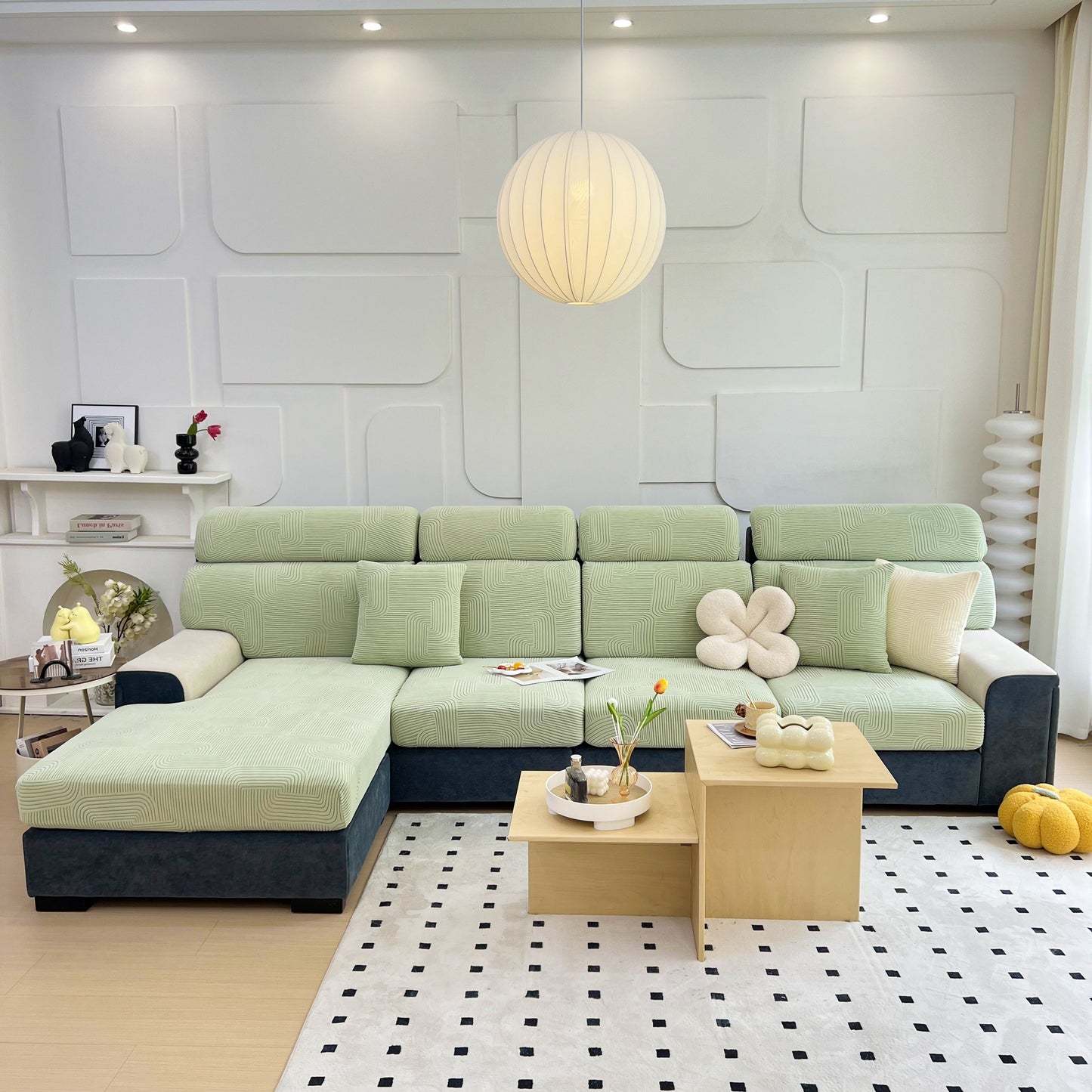 Stretch Couch Cushion Covers, Washable Chaise Lounge Sofa Slipcover, Elastic Furniture Protector for Pets, Kid on green sectional.