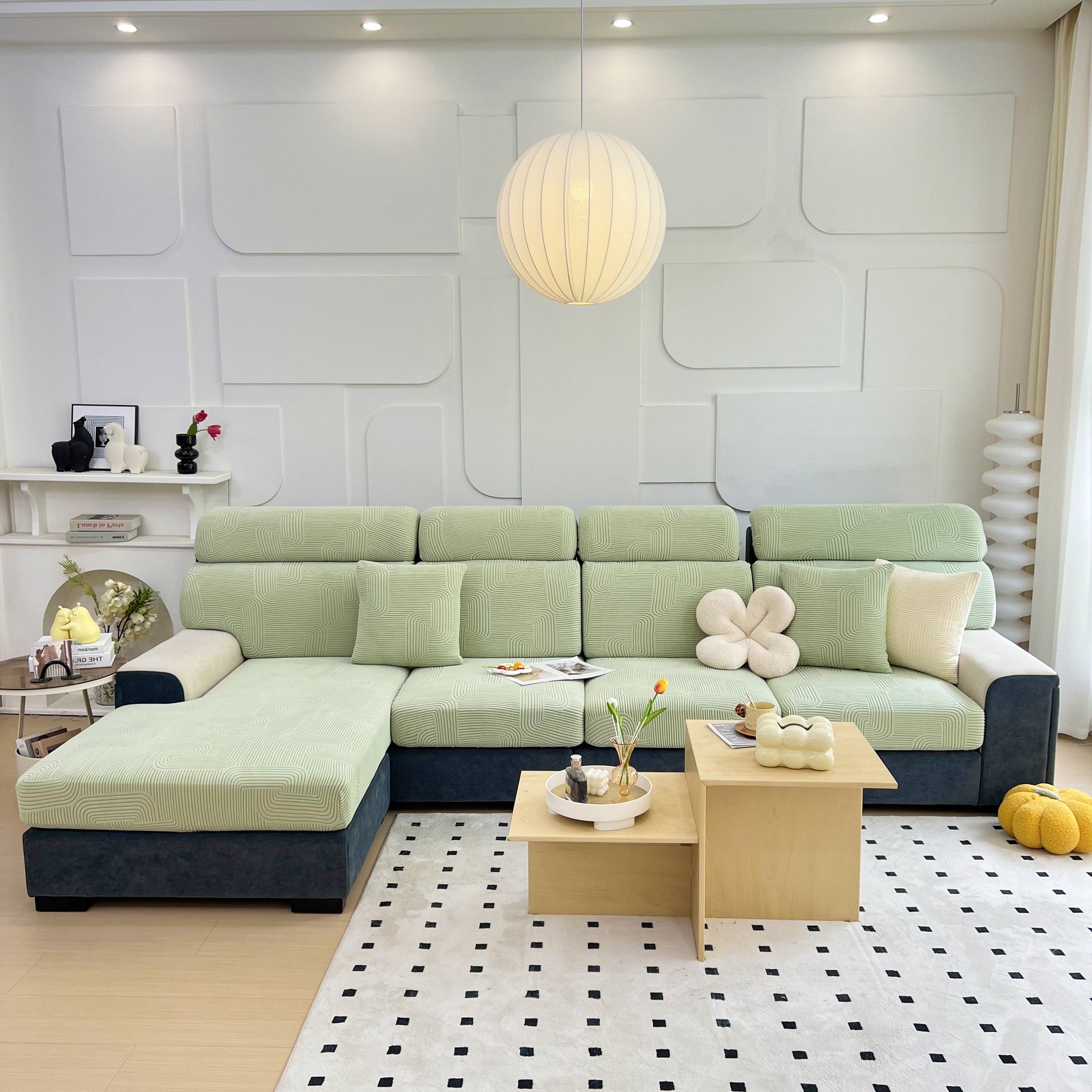 Stretch Couch Cushion Covers, Washable Chaise Lounge Sofa Slipcover, Elastic Furniture Protector for Pets, Kid on green sectional.