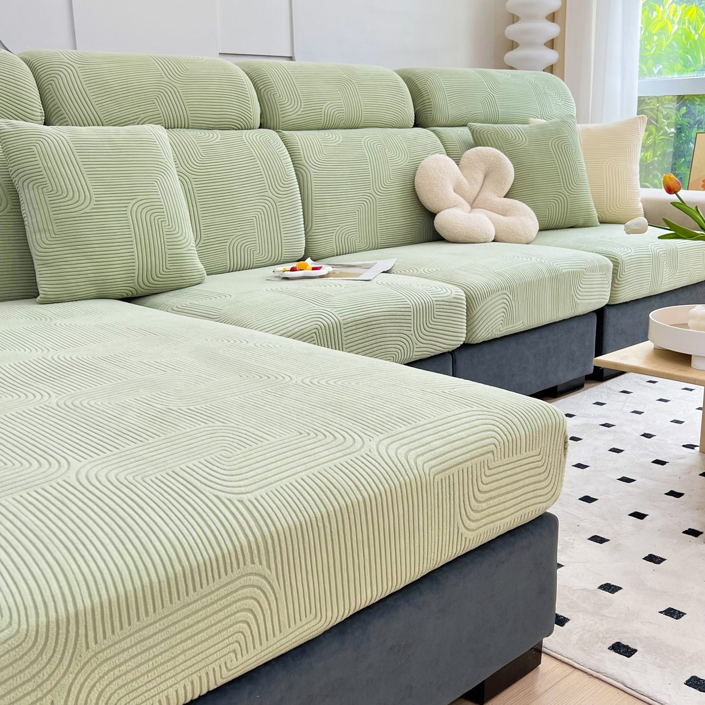 Stretch Couch Cushion Covers, Washable Chaise Lounge Sofa Slipcover, Elastic Furniture Protector for Pets, Kid on modern sofa