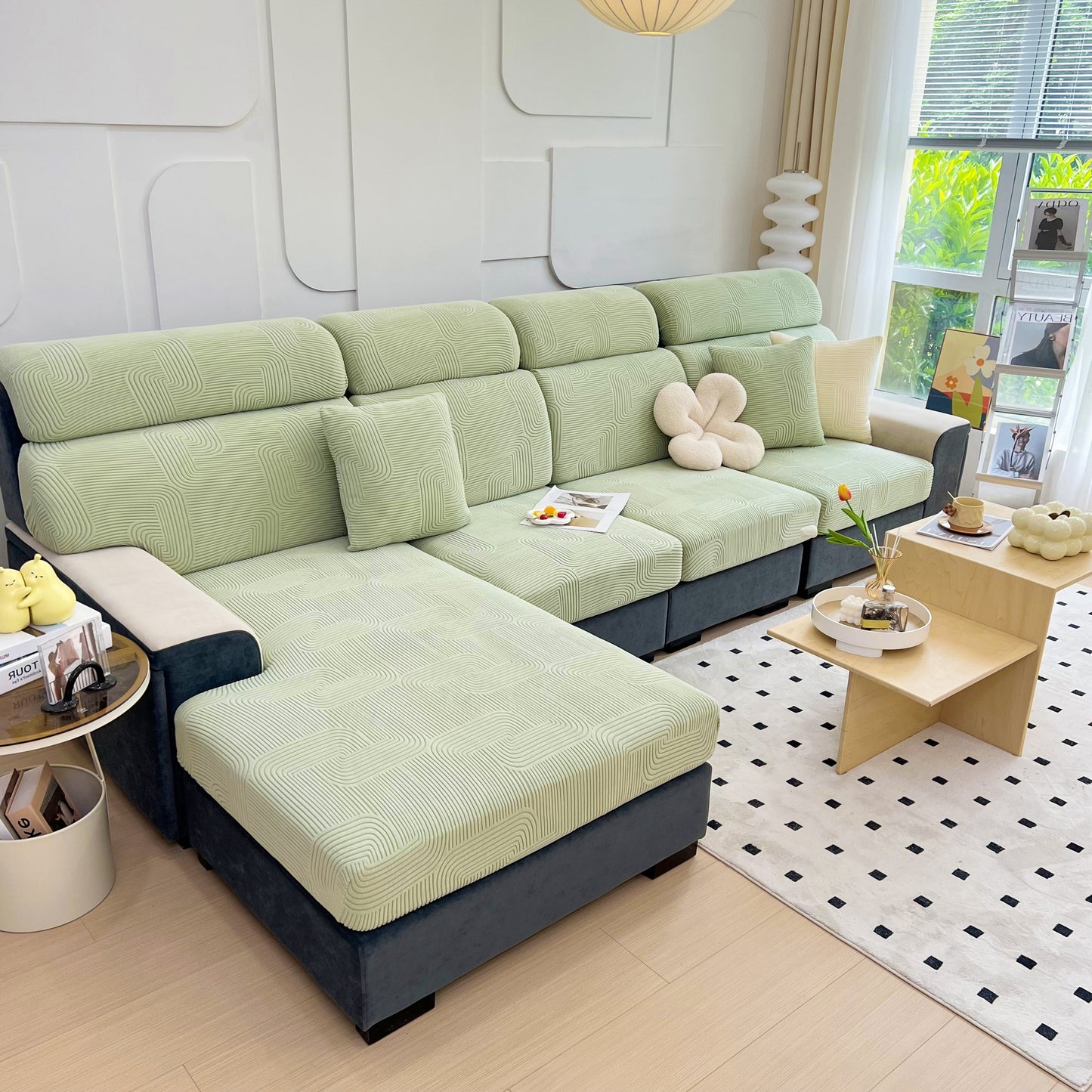 Stretch Couch Cushion Covers, Washable Chaise Lounge Sofa Slipcover, Elastic Furniture Protector for Pets, Kid on modern sofa