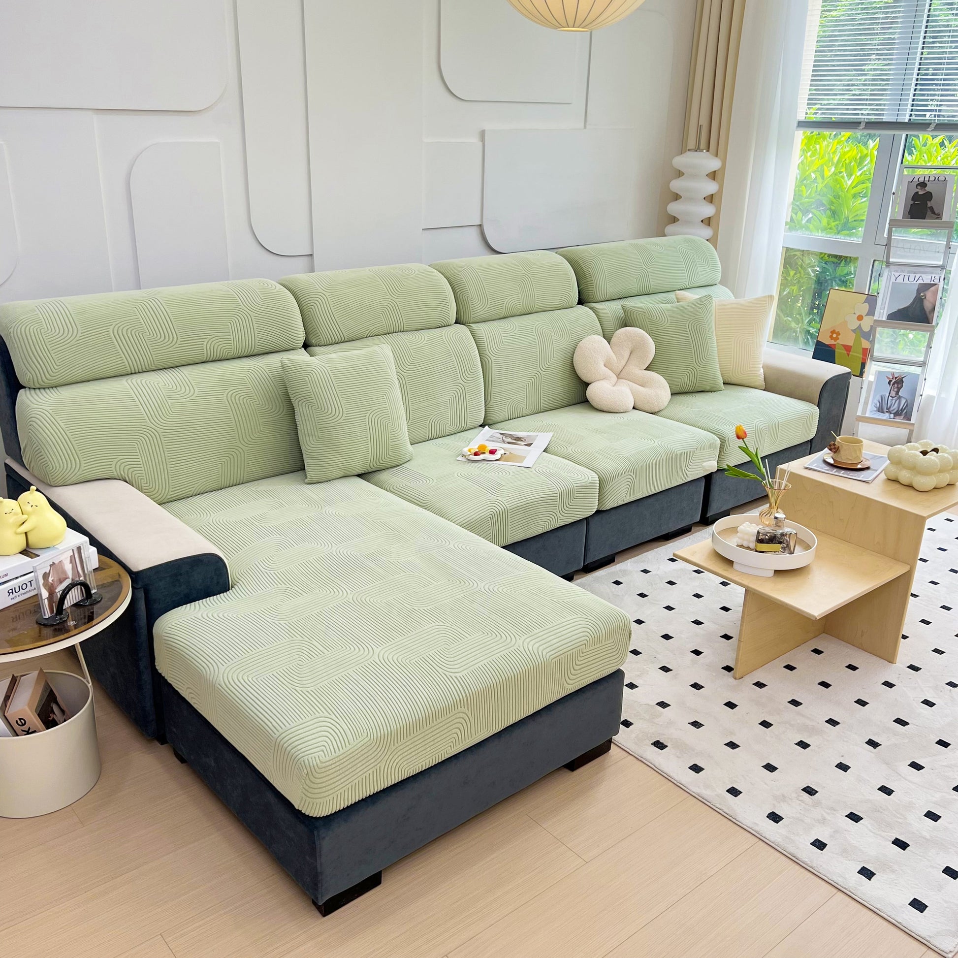 Stretch Couch Cushion Covers, Washable Chaise Lounge Sofa Slipcover, Elastic Furniture Protector for Pets, Kid on modern sofa