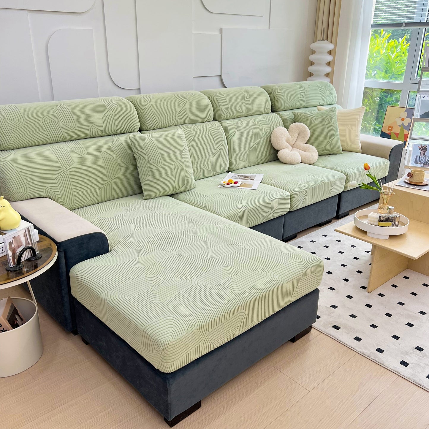 Stretch Couch Cushion Covers, Washable Chaise Lounge Sofa Slipcover, Elastic Furniture Protector for Pets, Kid on green sofa