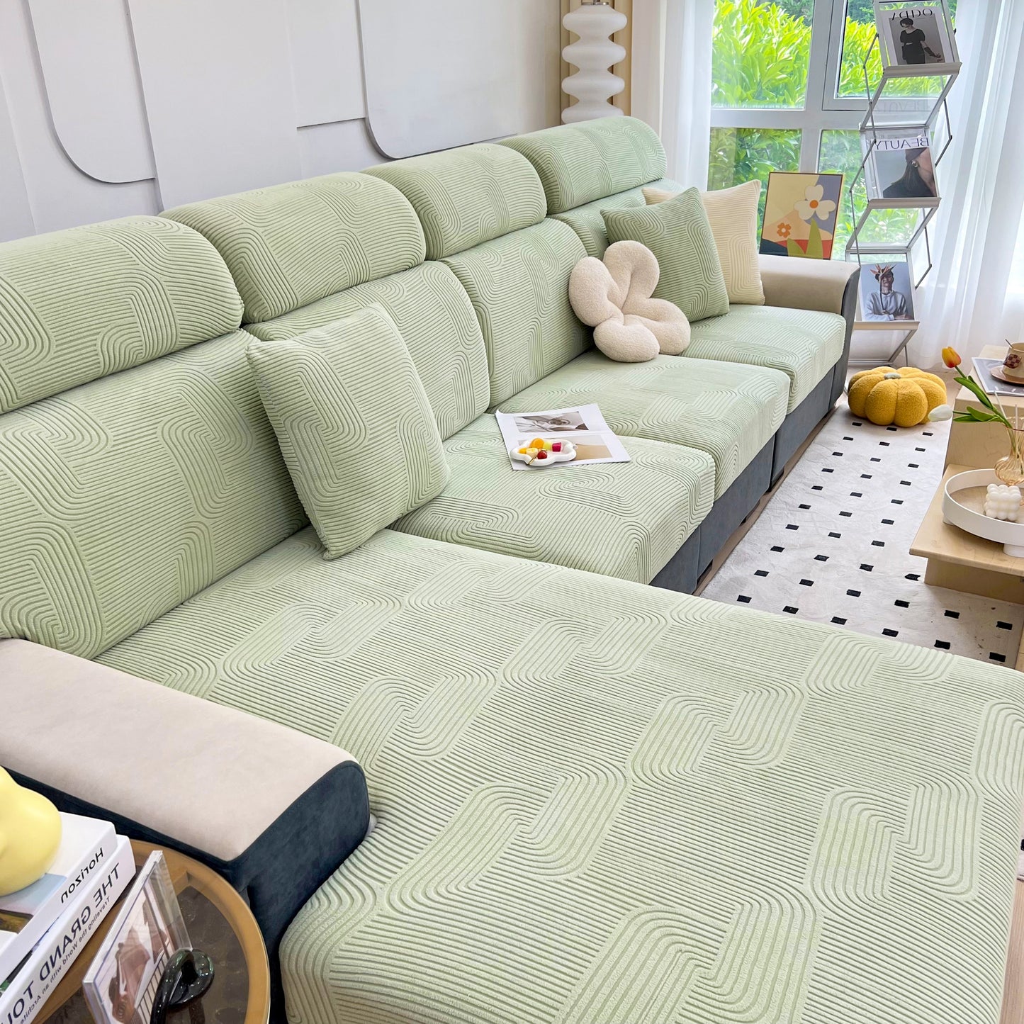 Stretch Couch Cushion Covers, Washable Chaise Lounge Sofa Slipcover, Elastic Furniture Protector for Pets, Kid in a modern living room