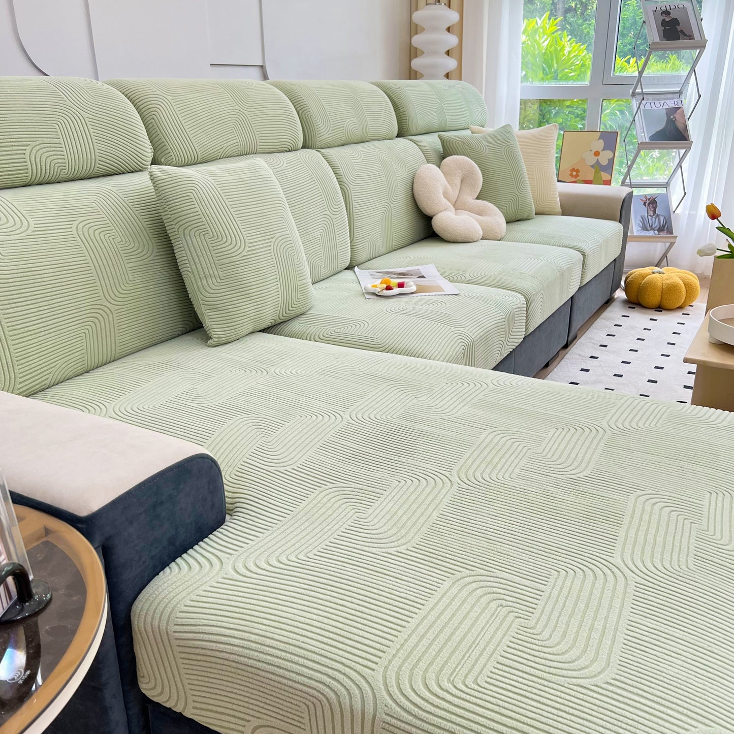 Stretch Couch Cushion Covers, Washable Chaise Lounge Sofa Slipcover in green, Elastic Furniture Protector for Pets, Kid in modern living room