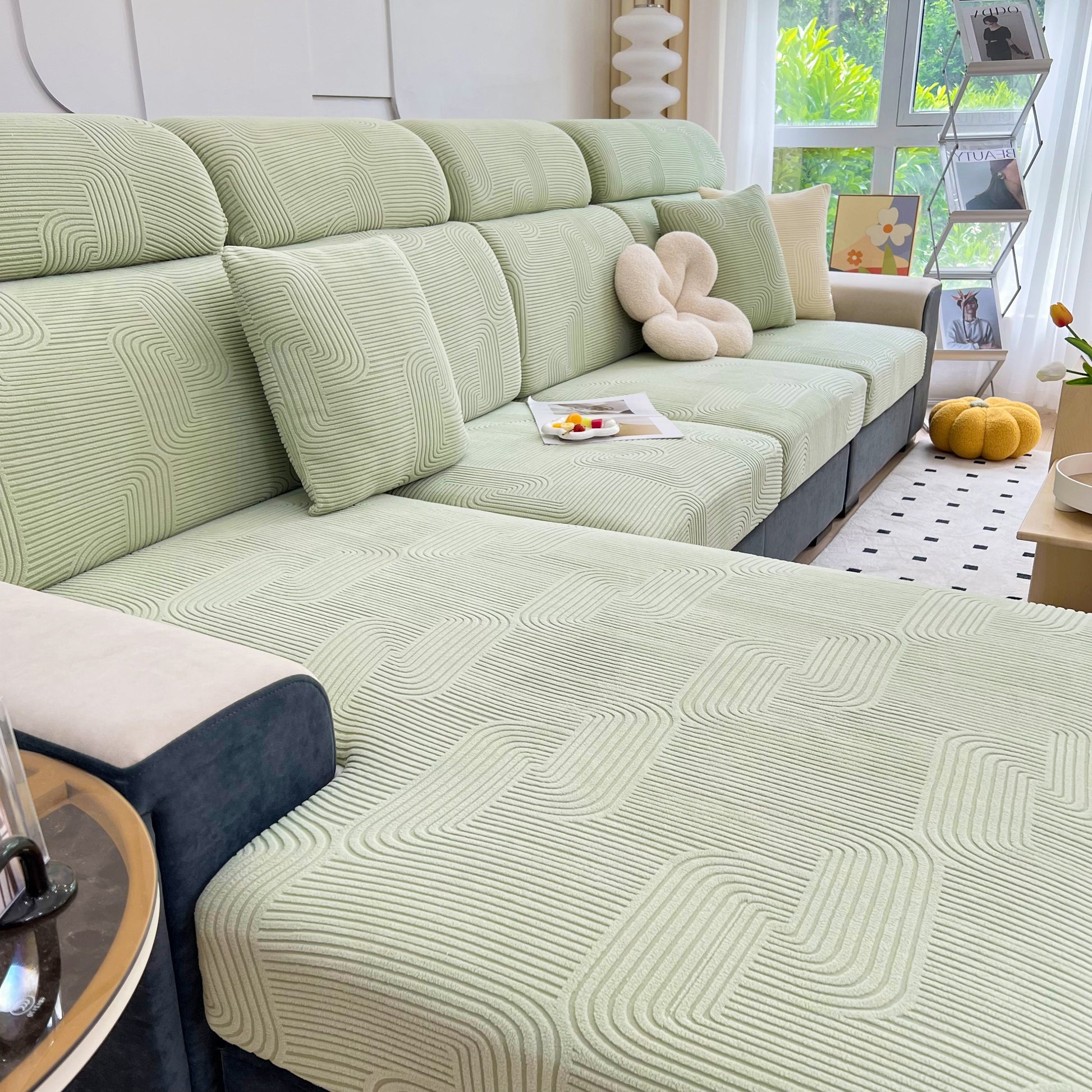 Stretch Couch Cushion Covers, Washable Chaise Lounge Sofa Slipcover in green, Elastic Furniture Protector for Pets, Kid in modern living room