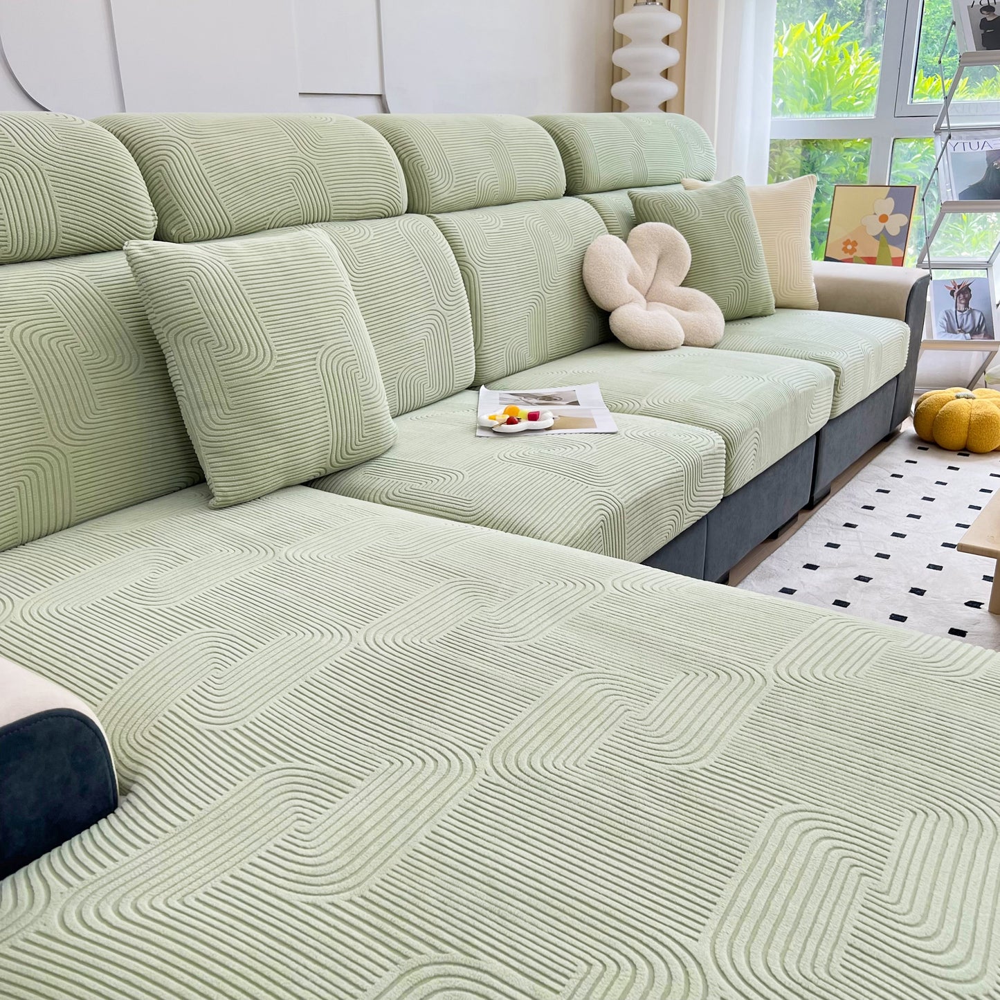 Stretch Couch Cushion Covers, Washable Chaise Lounge Sofa Slipcover, Elastic Furniture Protector for Pets, Kid on modern sofa