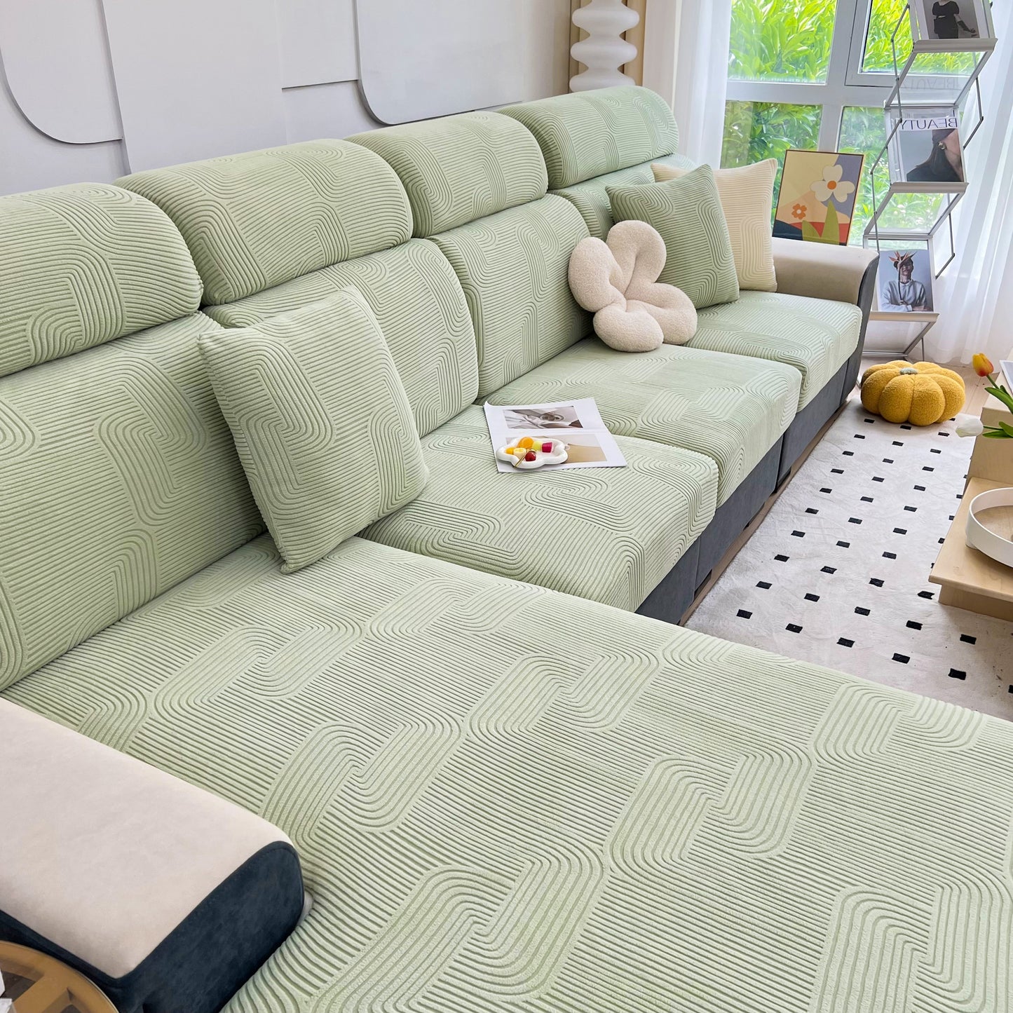 Stretch Couch Cushion Covers, Washable Chaise Lounge Sofa Slipcover, Elastic Furniture Protector for Pets, Kid on a stylish sofa